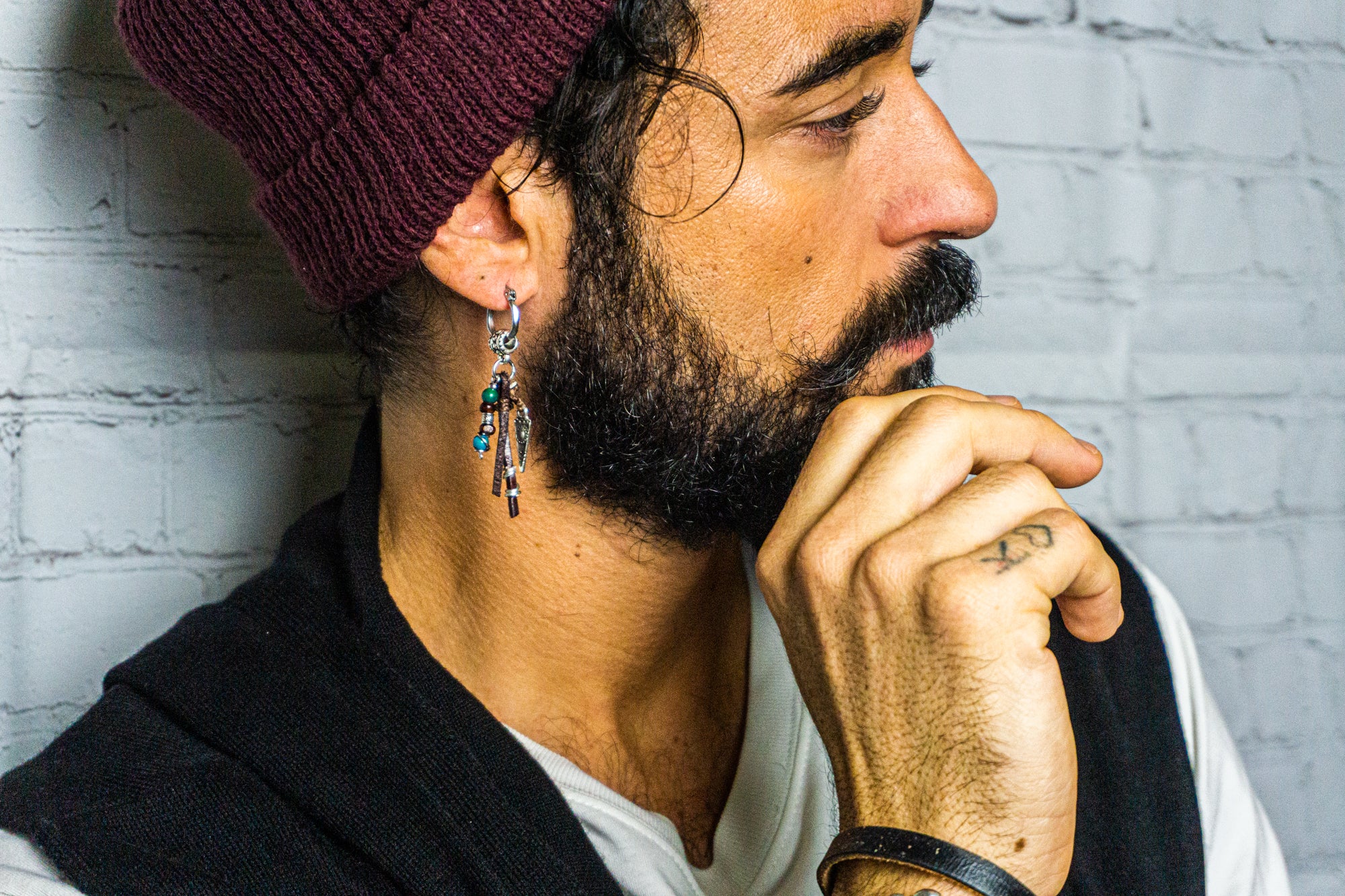 leather fringes, wood and gemstone bead charm dangle earring for men- wander jewellery
