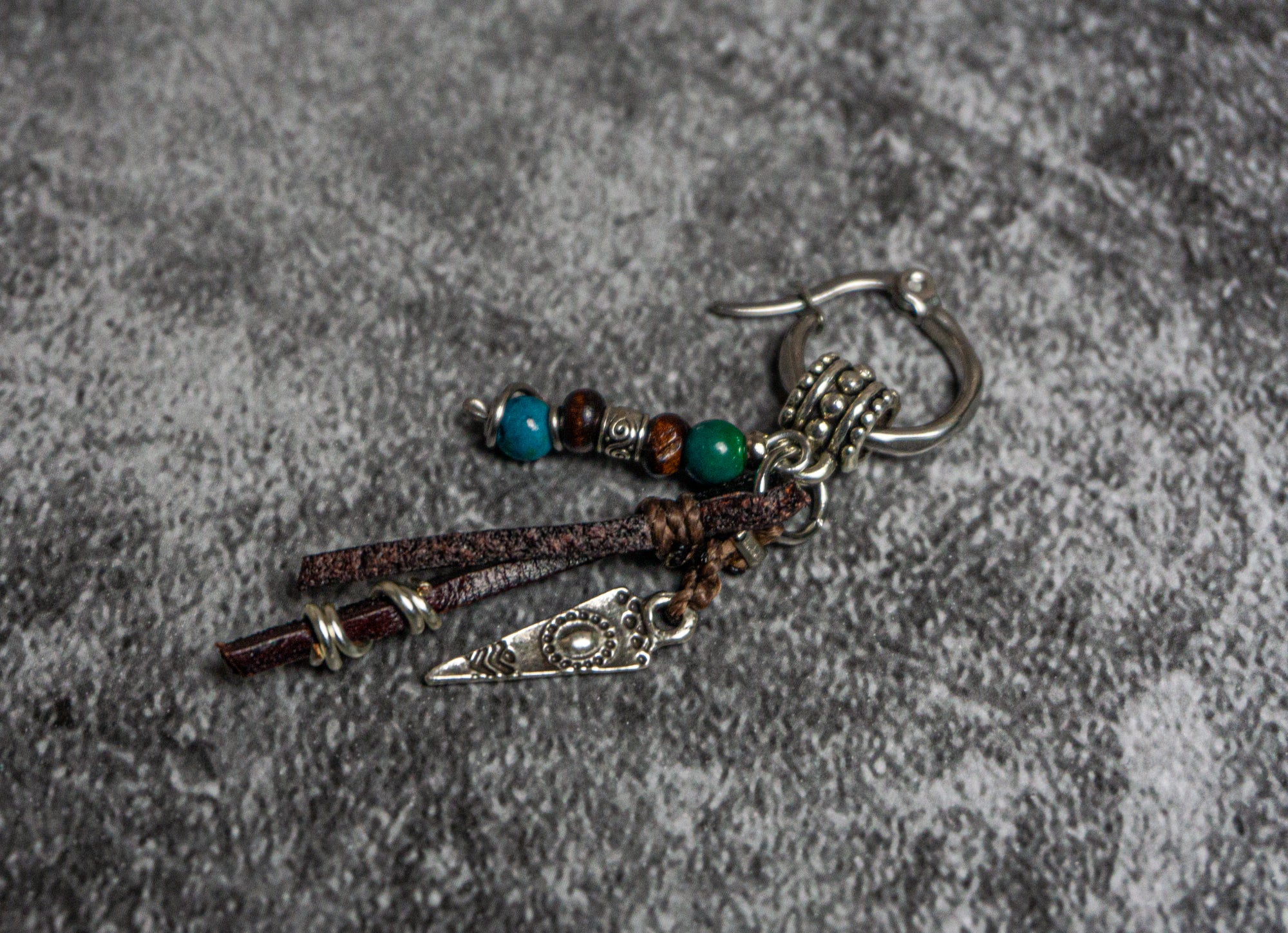 leather fringes, wood and gemstone bead charm dangle earring - wander jewellery