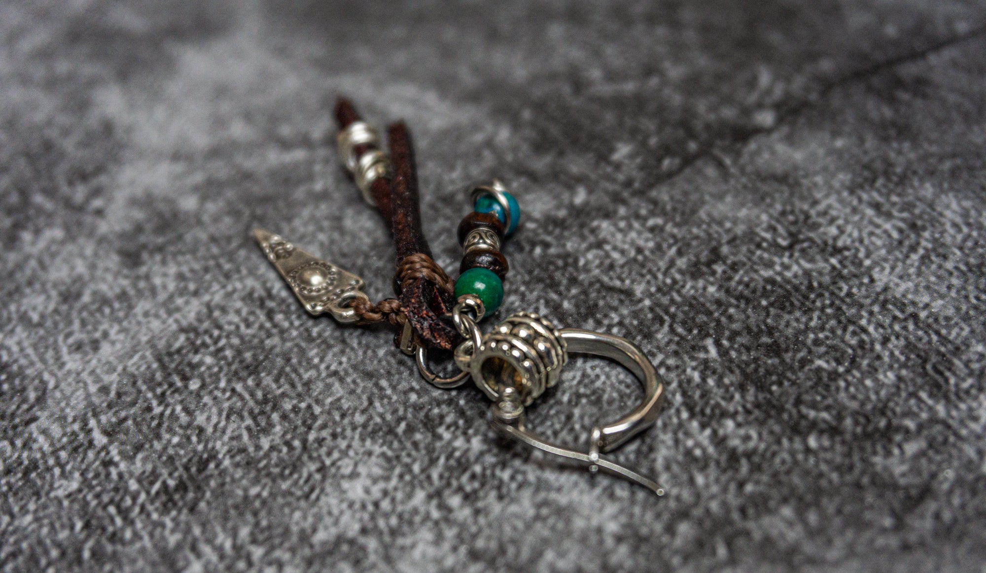 leather fringes, wood and gemstone bead charm hoop dangle earring- wander jewellery