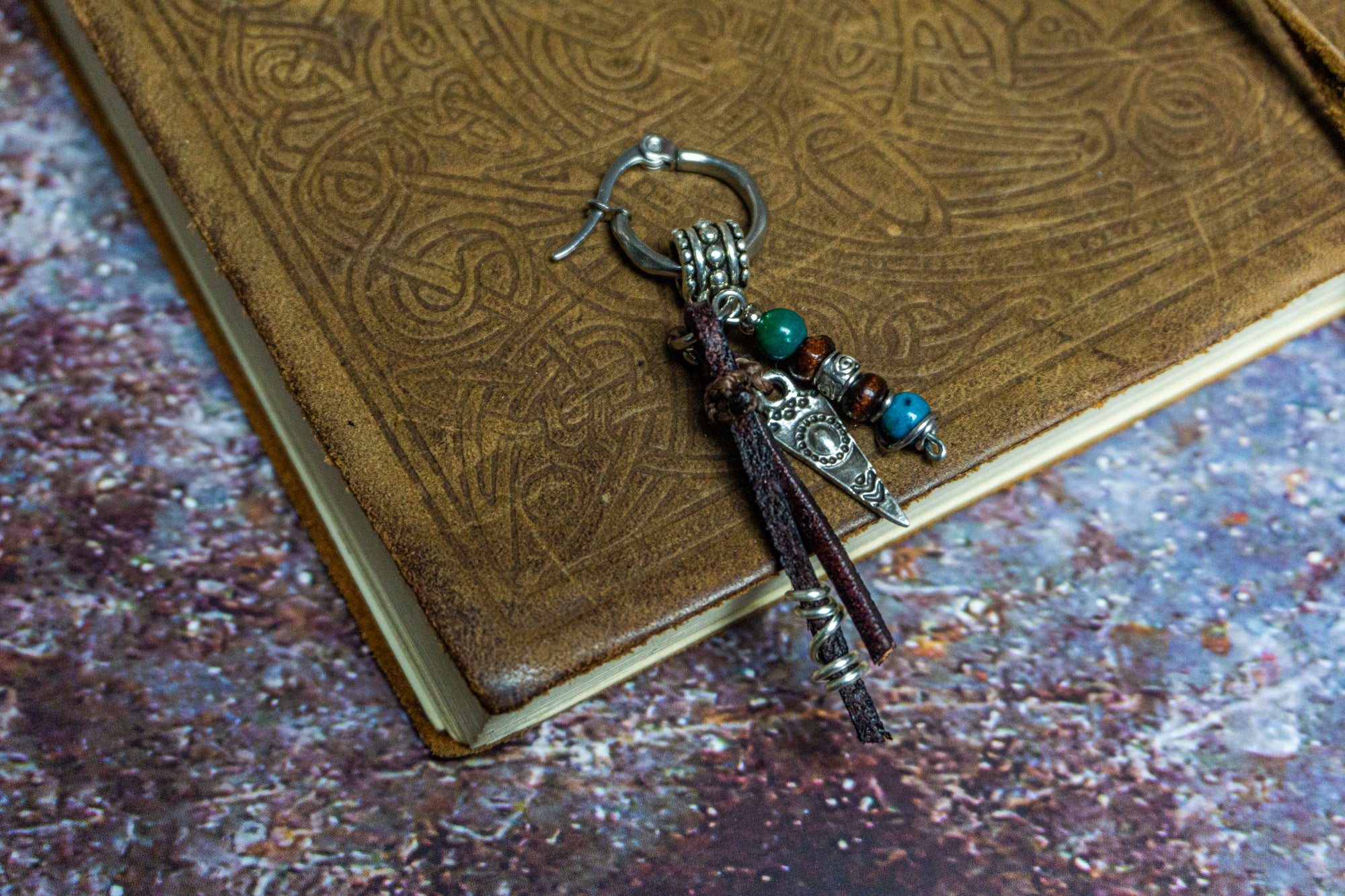 leather fringes, wood and gemstone bead charm hoop dangle earring for men- wander jewellery