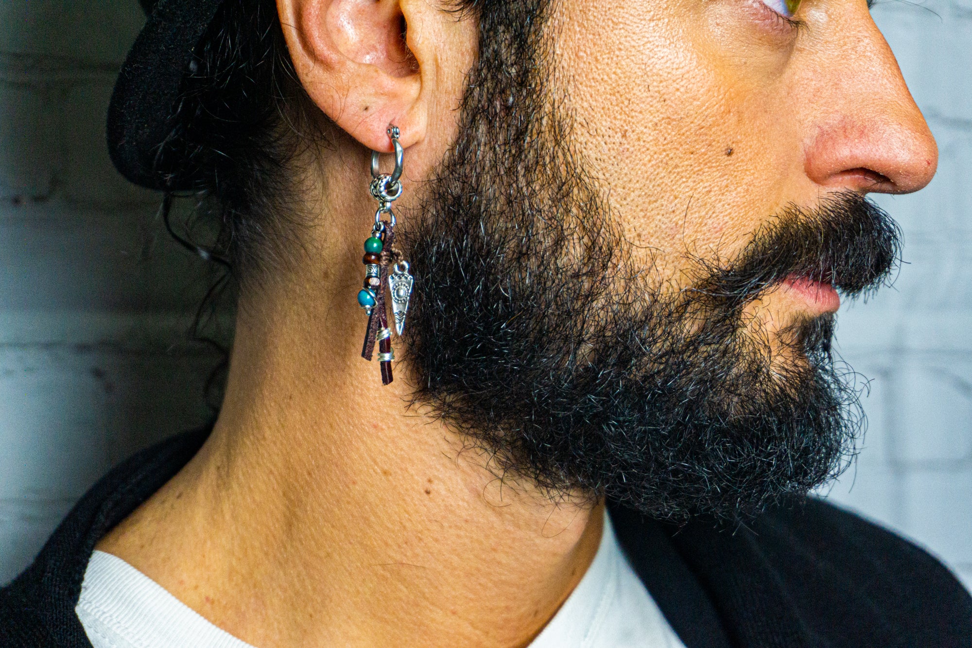 leather , wood and gemstone bead charm dangle earring for men- wander jewellery