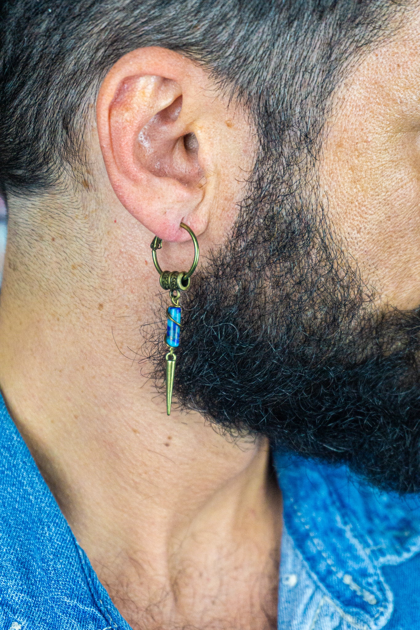 mens lapis lazuli barrel gemstone drop spike earring. wander jewellery