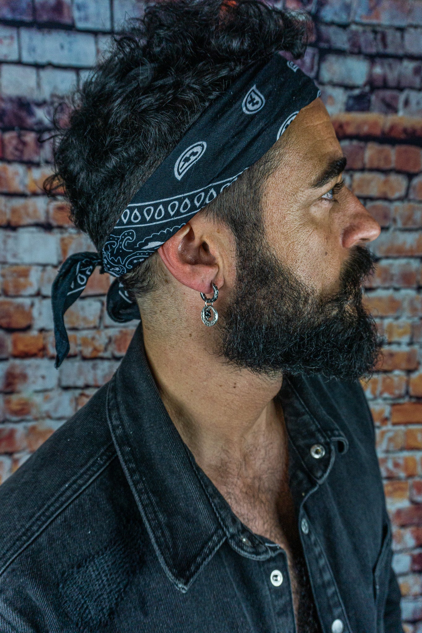 mens stainless steel hoop earring with an abstract moon charm with a dangle onyx bead- wander jewellery
