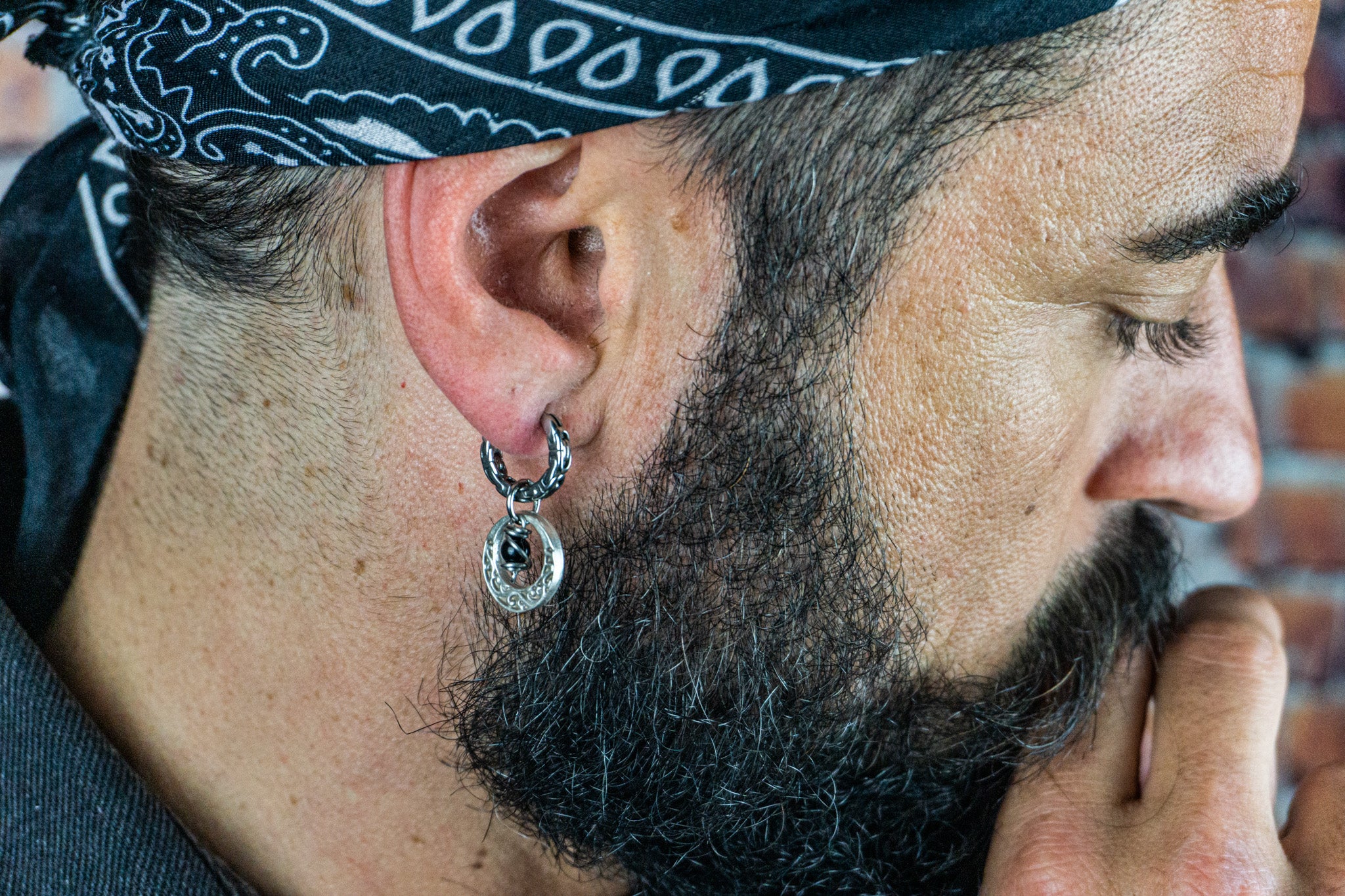 mens hoop earring with an abstract moon charm with a dangle onyx bead- wander jewellery