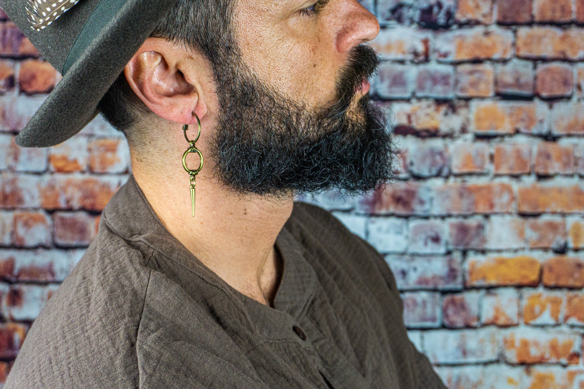 mens antique bronze hoop earring with long dangle spike- wander jewellery