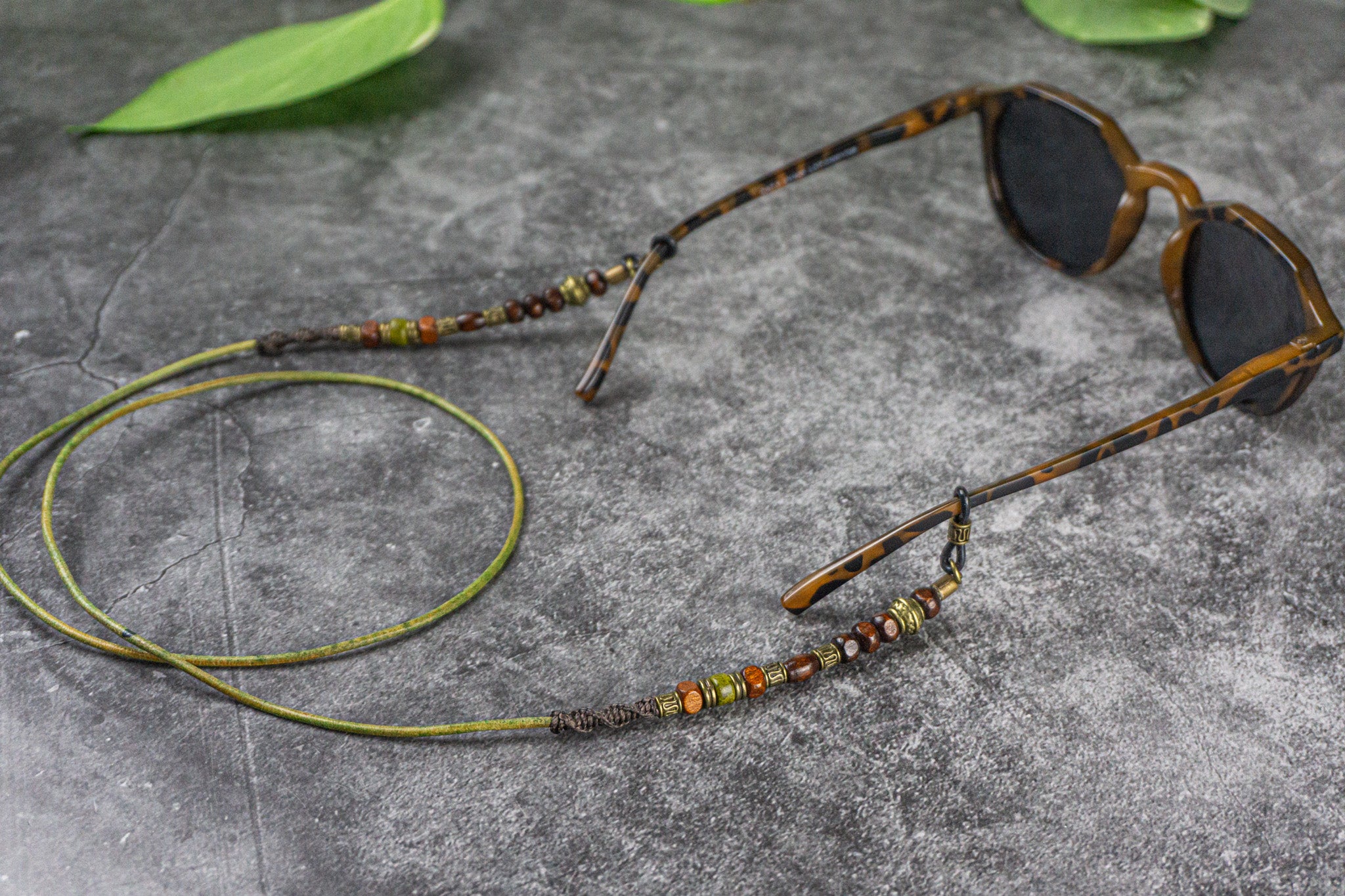 wooden bead and green vintage leather glasses strap holder- wander jeellery