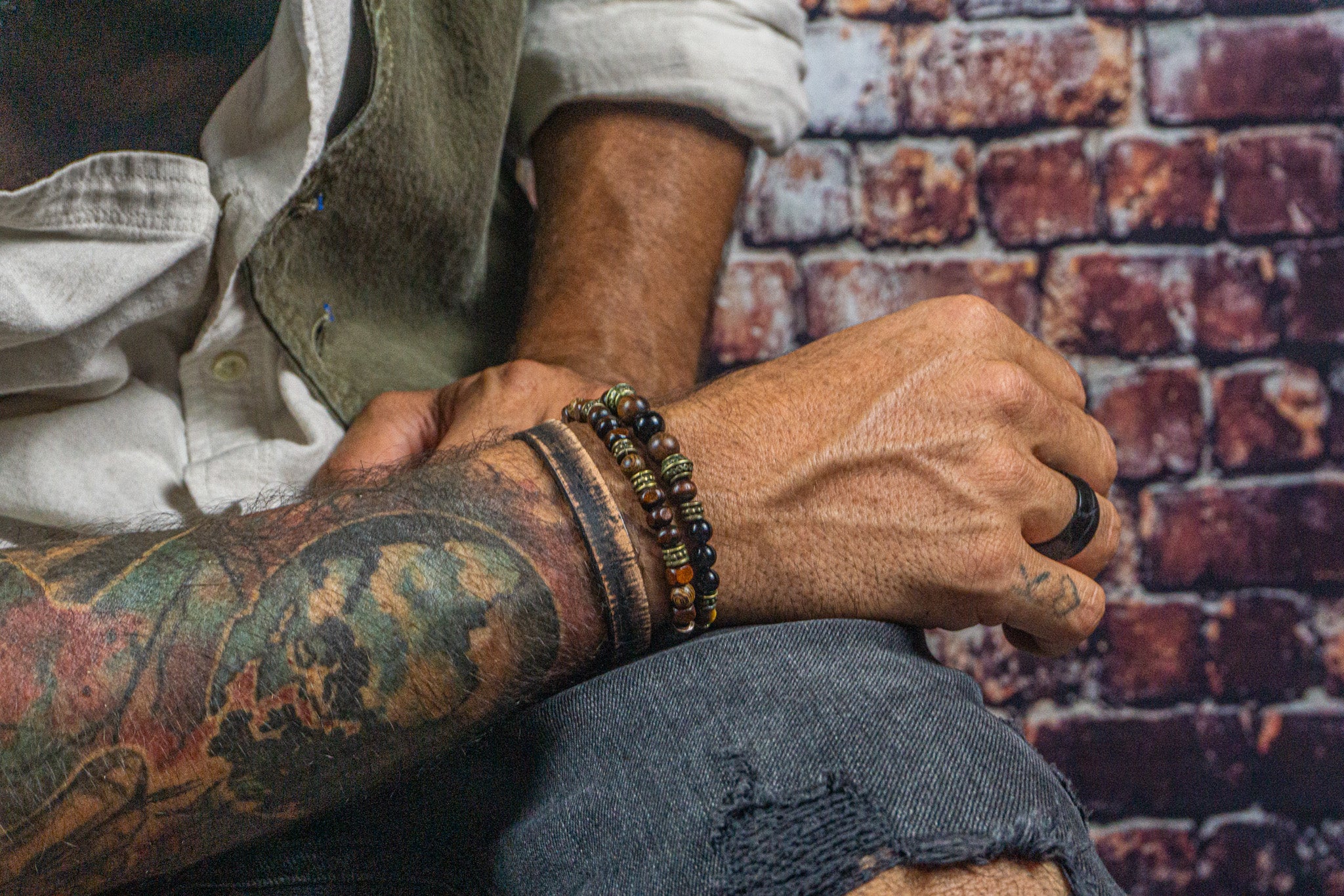 mens perfect matching bracelet set made of black onyx gemstone, wood and vintage leather- wander jewellery