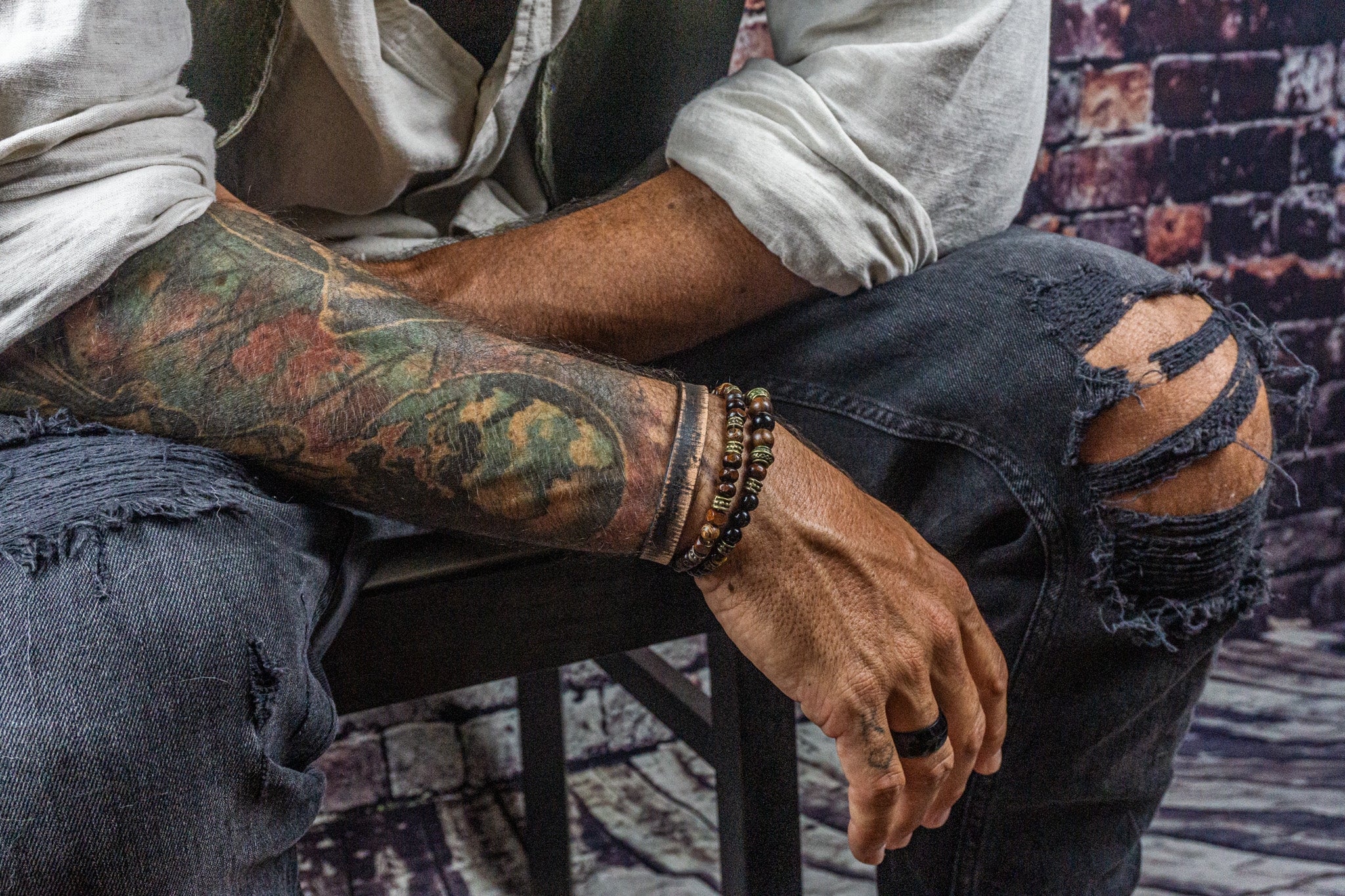 mens perfect matching bracelet set made of black onyx gemstone, wood and leather- wander jewellery