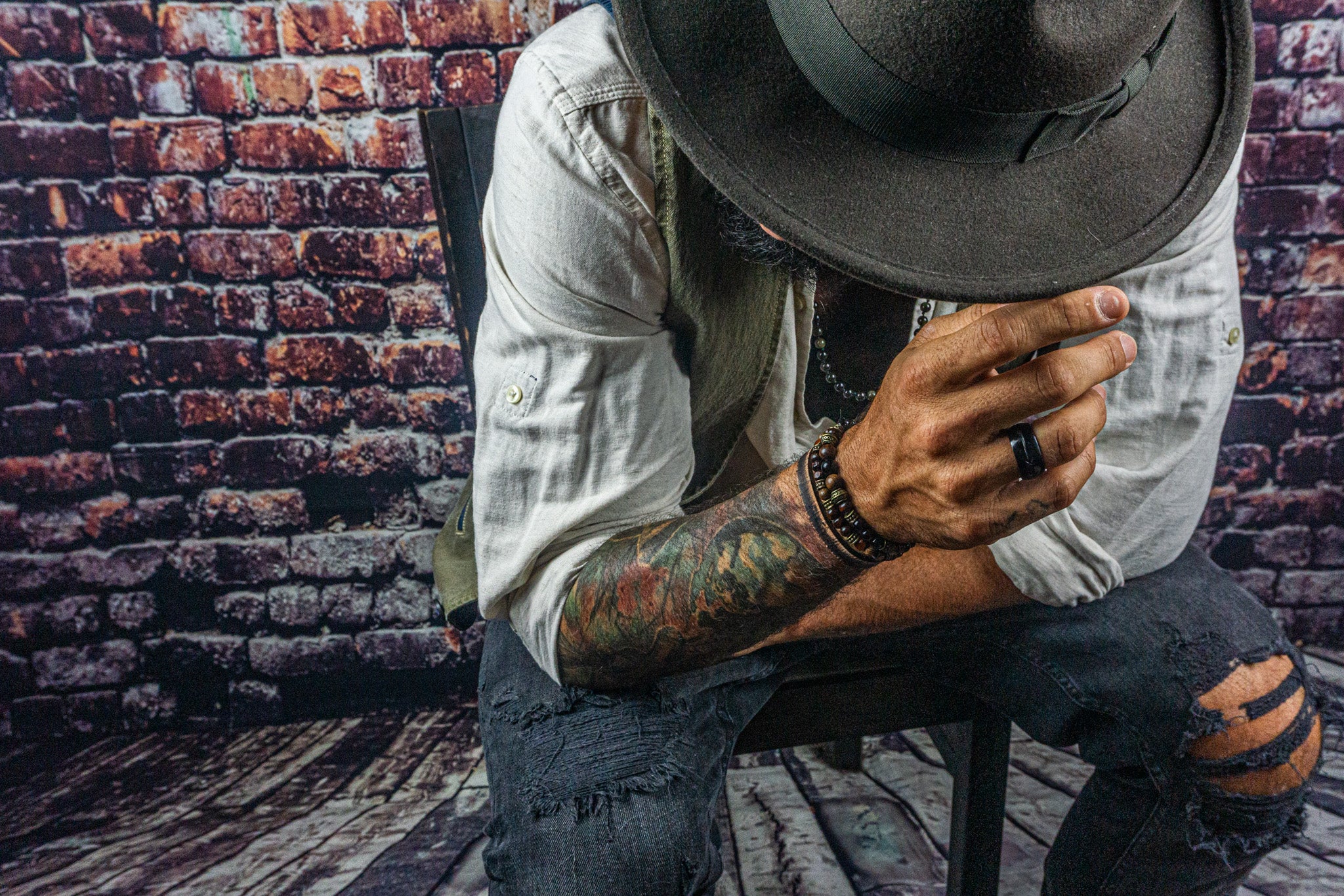 mens matching bracelet set made of onyx gemstone, wood and vintage leather- wander jewellery