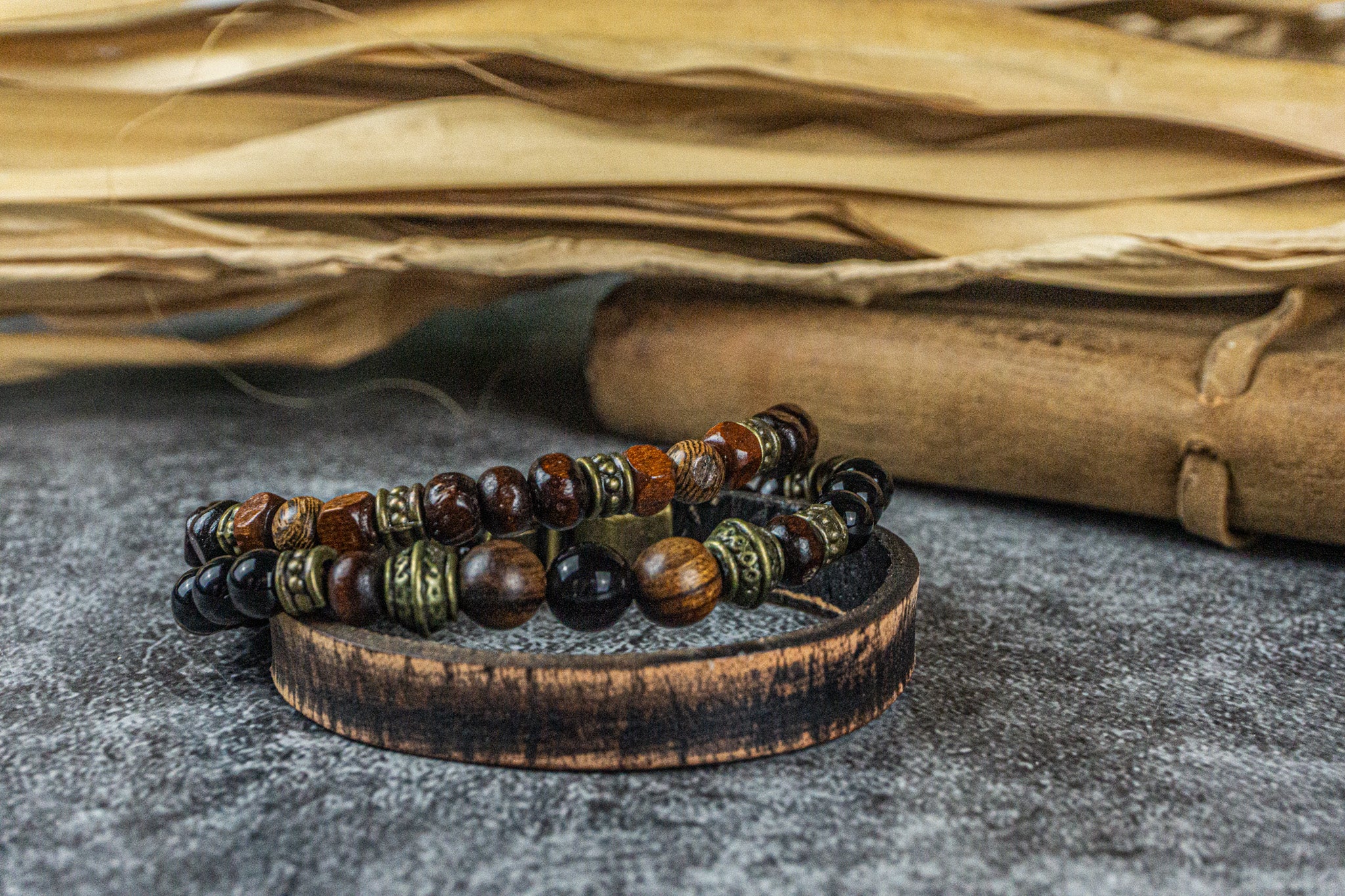 perfect matching bracelet set made of black onyx gemstone, wood and vintage leather- wander jewellery