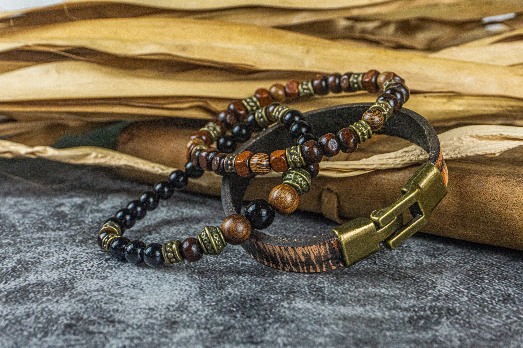 matching bracelet set made of black onyx gemstone, wood and vintage leather- wander jewellery