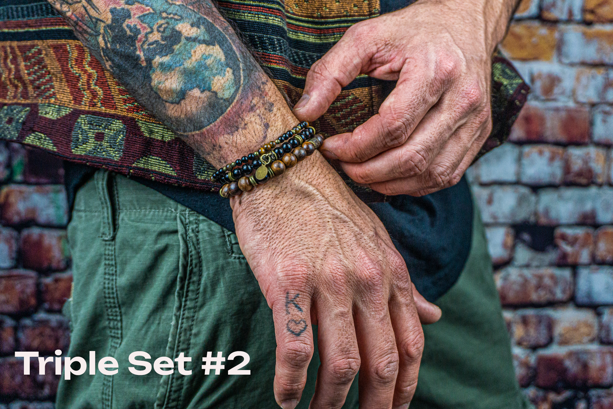 mens bracelet set made of 3 bracelets, with a mix of onyx, wooden beads and tiger eye- wander jewellery