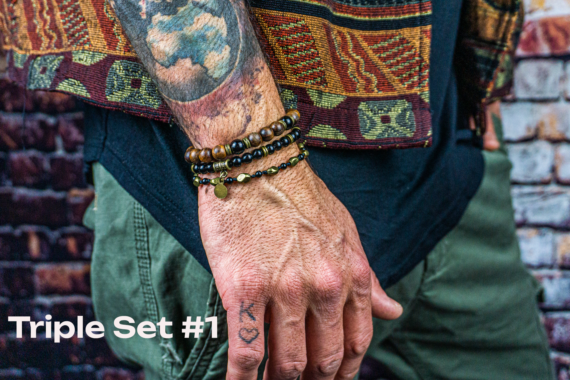 mens bracelet set made of 3 bracelets, with a mix onyx, wooden beads and bronze nuggets- wander jewellery