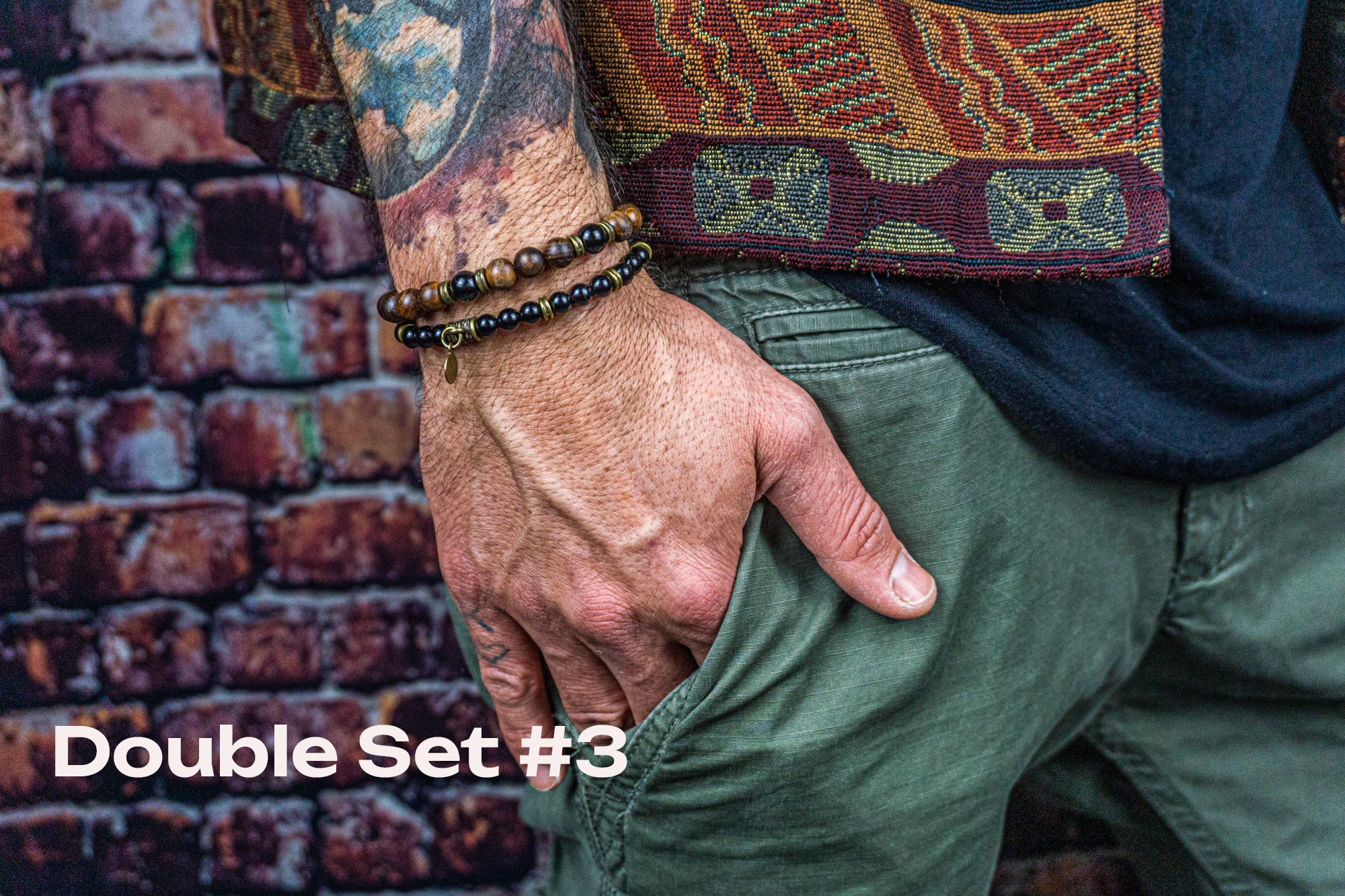 mens bracelet set made of 2 bracelets, with a mix onyxand wooden beads- wander jewellery
