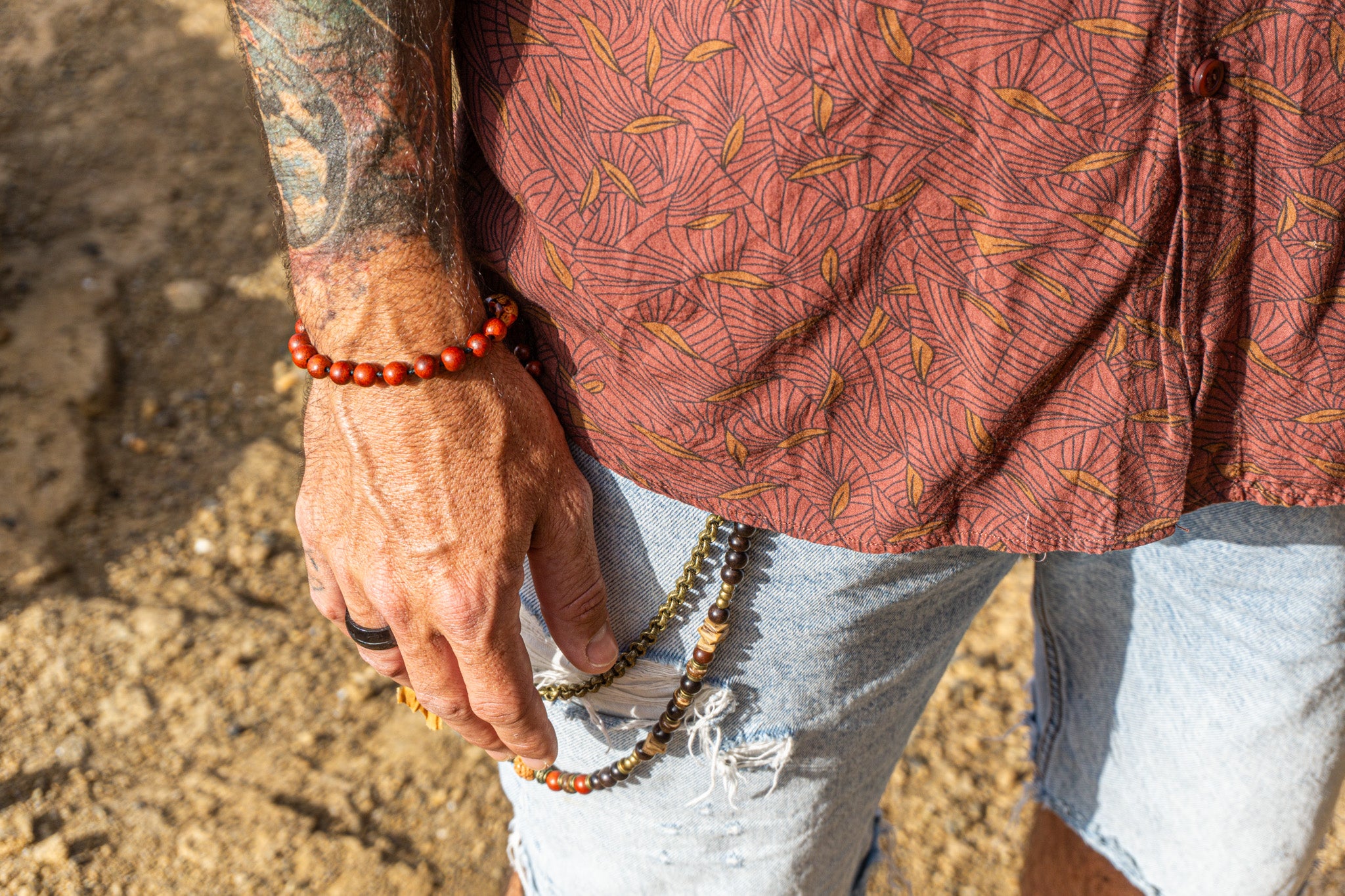 red wood beaded mala bracelet for men- wander jewellery