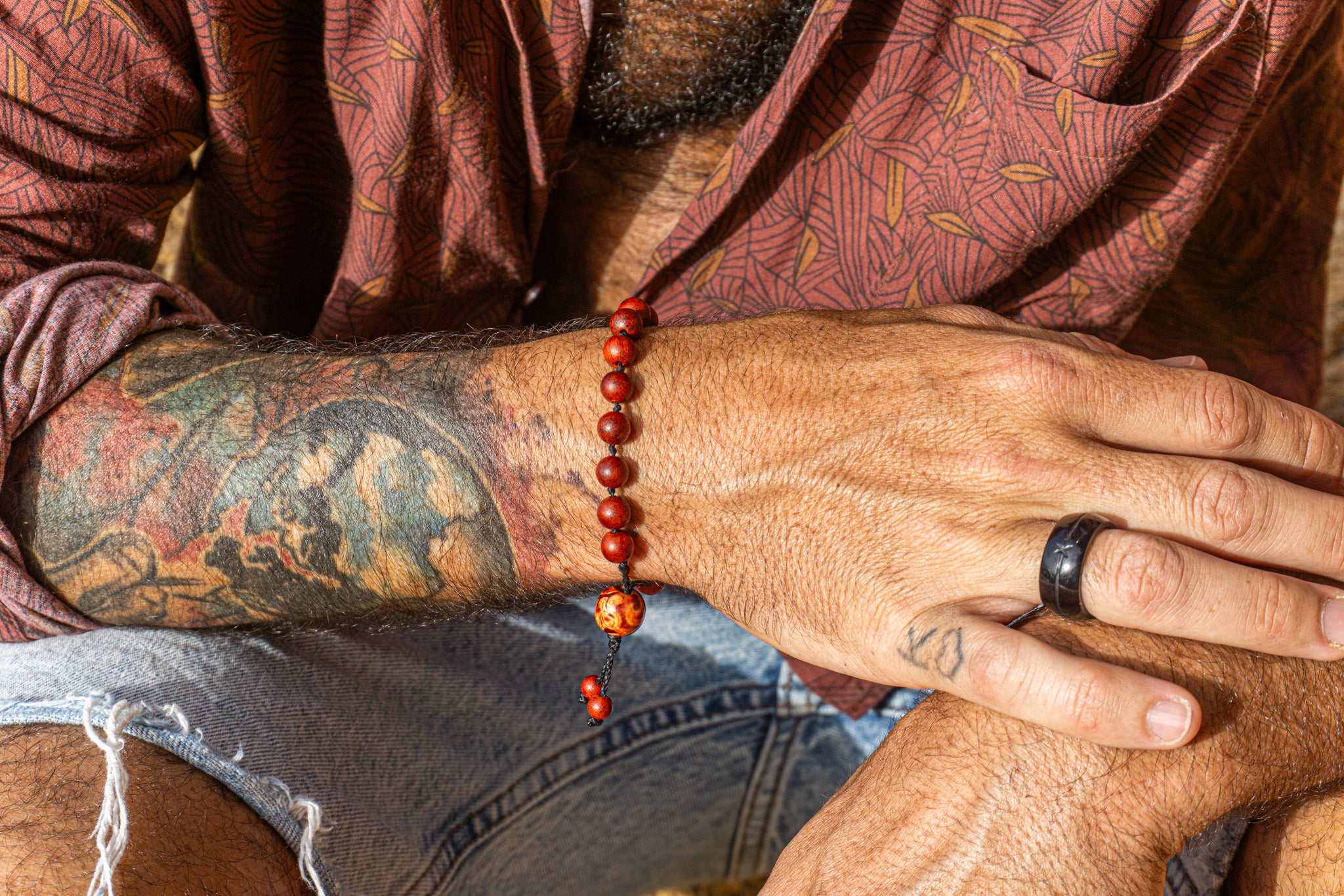 mens chakra fire wooden beaded mala bracelet- wander jewellery