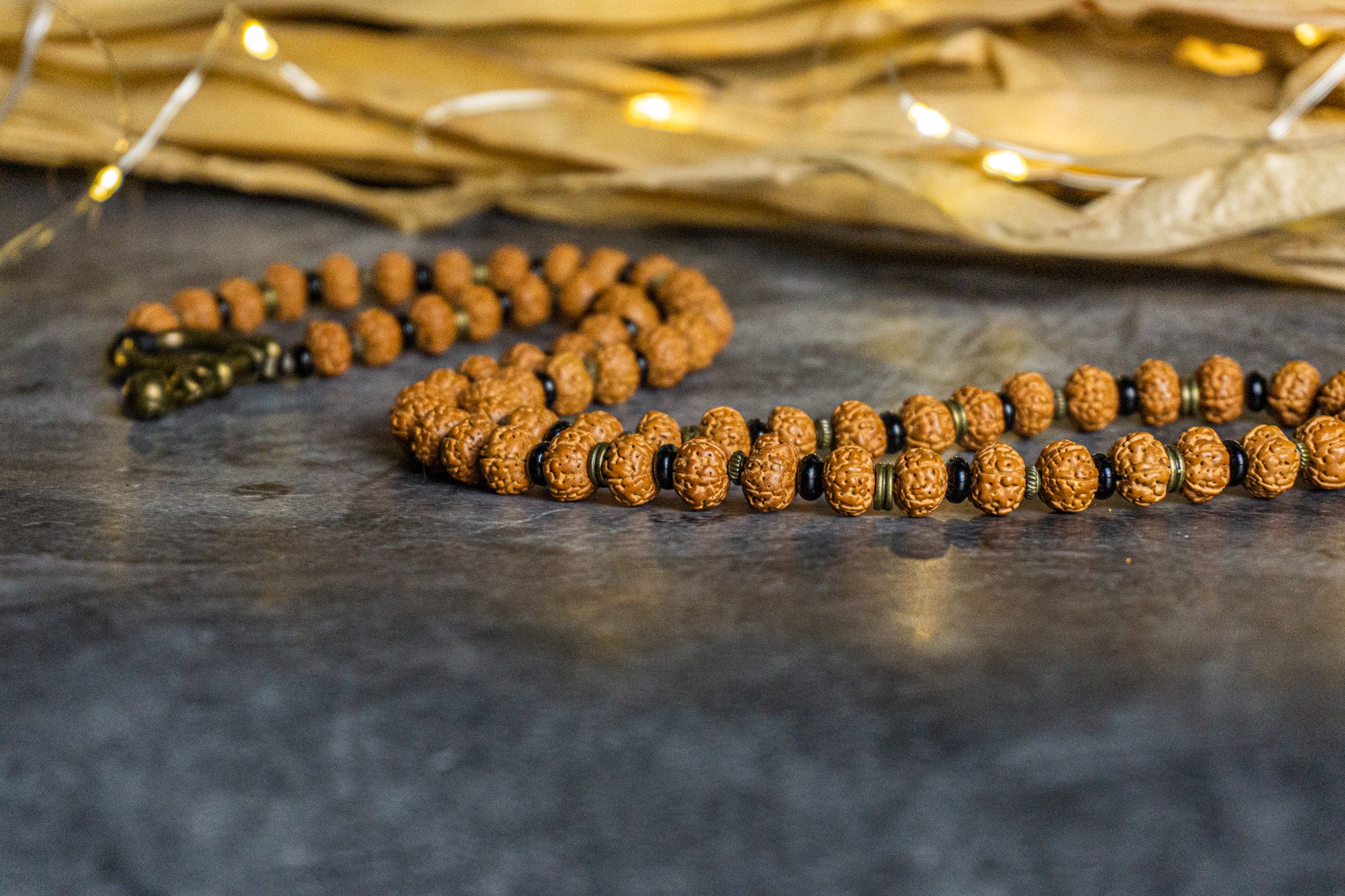 rudraksha long tibetan buddhist neklace with brass and onyx- wander jewellery
