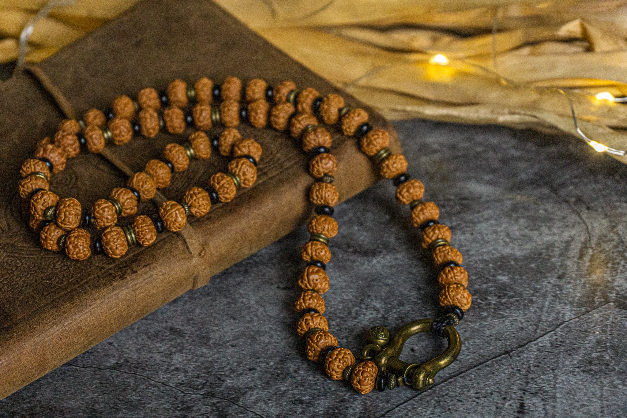 rudraksha seed tibetan buddhist neklace with brass and onyx- wander jewellery