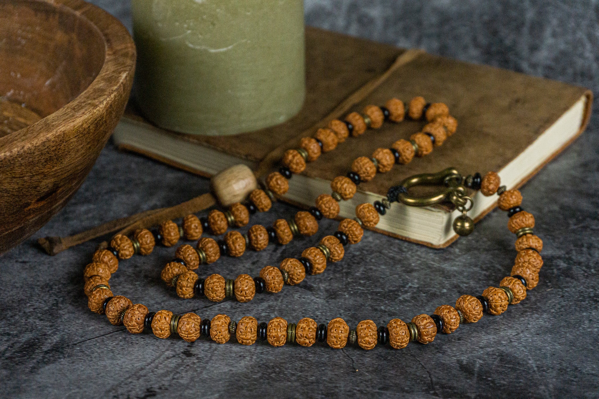 mens rudraksha seed long tibetan buddhist neklace with brass and onyx beads- wander jewellery