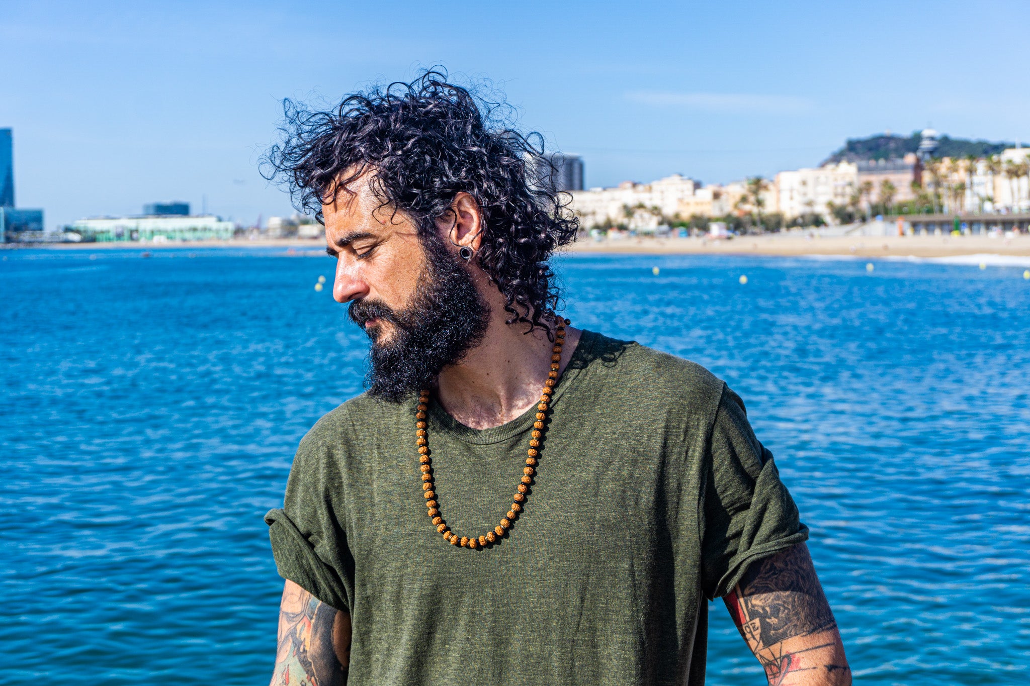 mens rudraksha seed long tibetan buddhist neklace with brass and onyx gemstone- wander jewellery