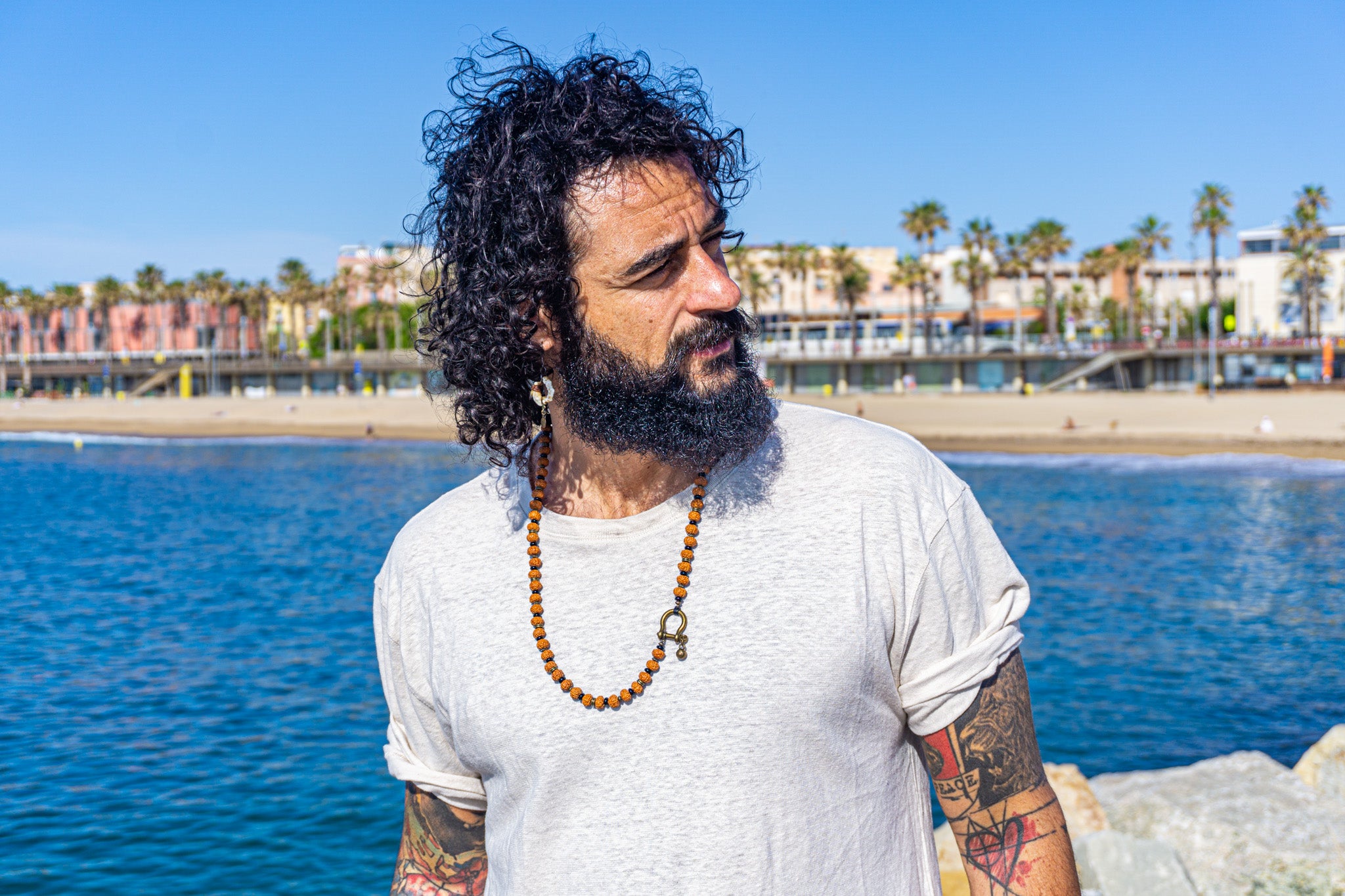 mens rudraksha seed tibetan buddhist neklace with brass and onyx- wander jewellery