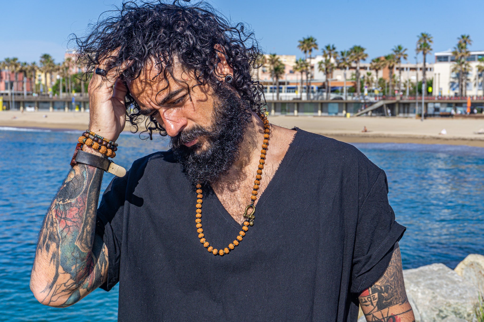 mens rudraksha seeds long tibetan buddhist neklace with brass and onyx- wander jewellery