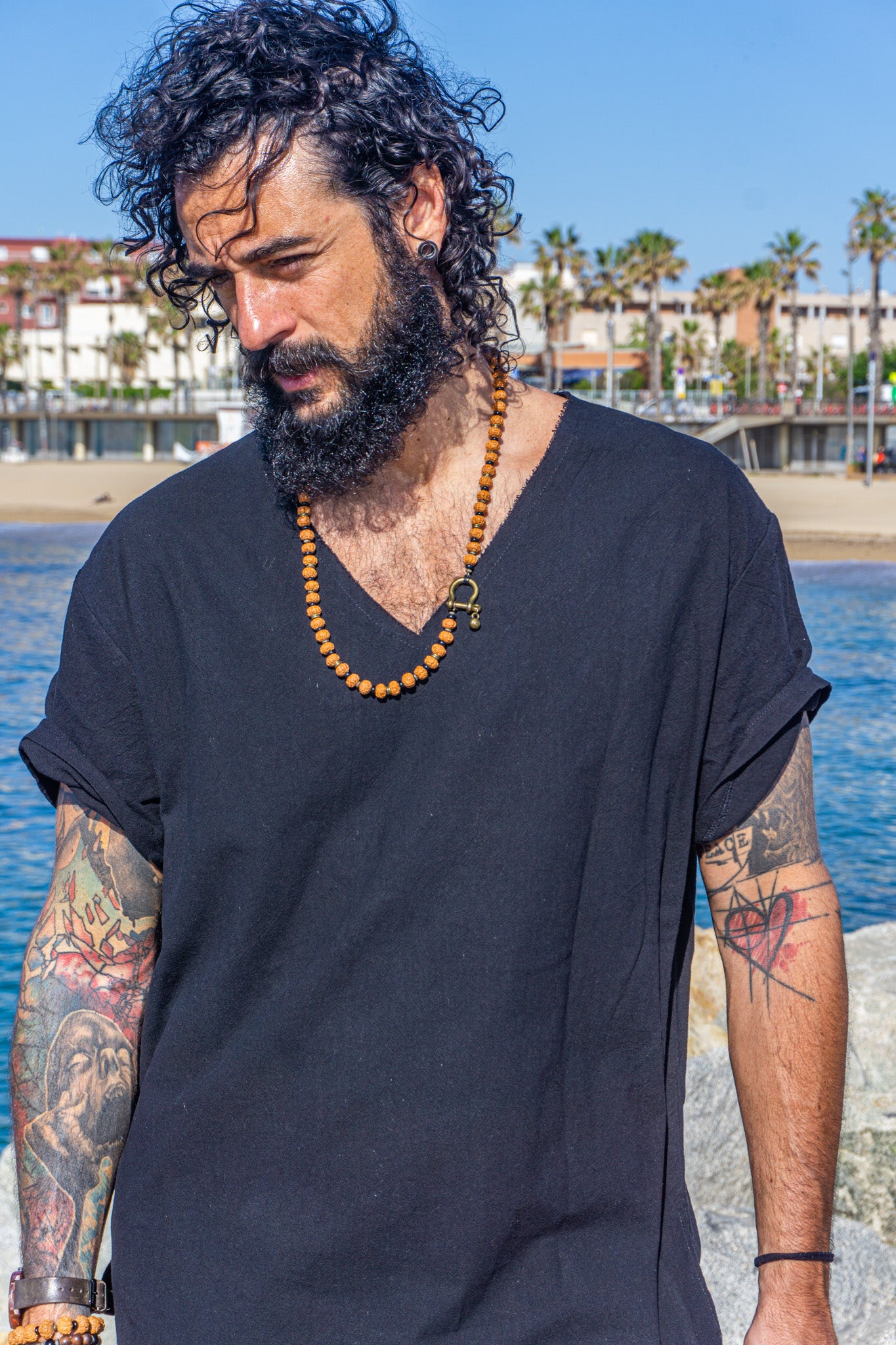 mens rudraksha seed long tibetan buddhist neklace with brass and onyx- wander jewellery