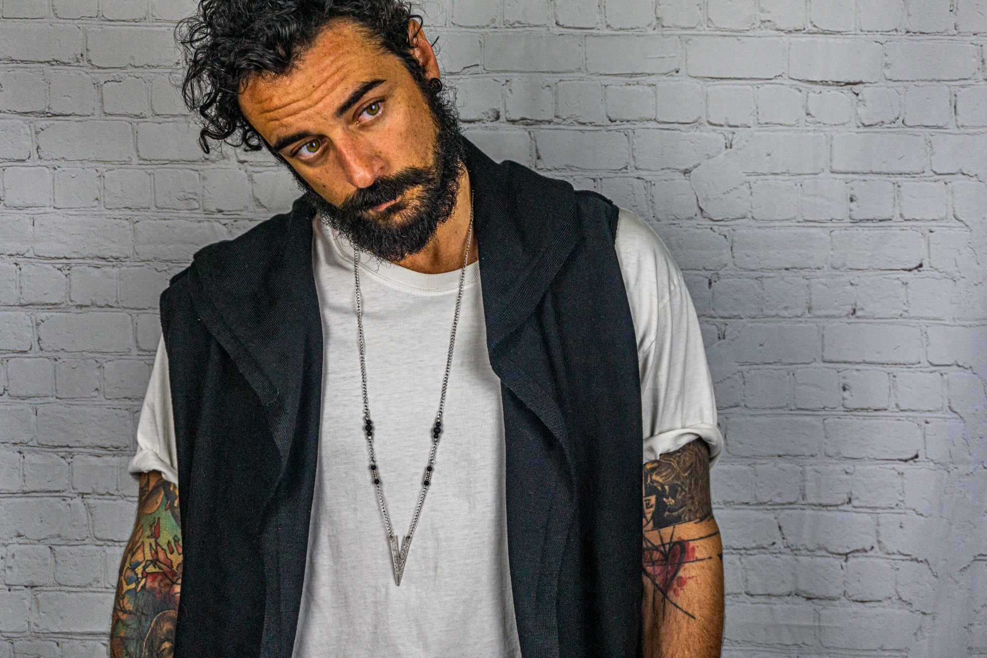 mens minimalist silver chain triangle pendant necklace- wander jewellery