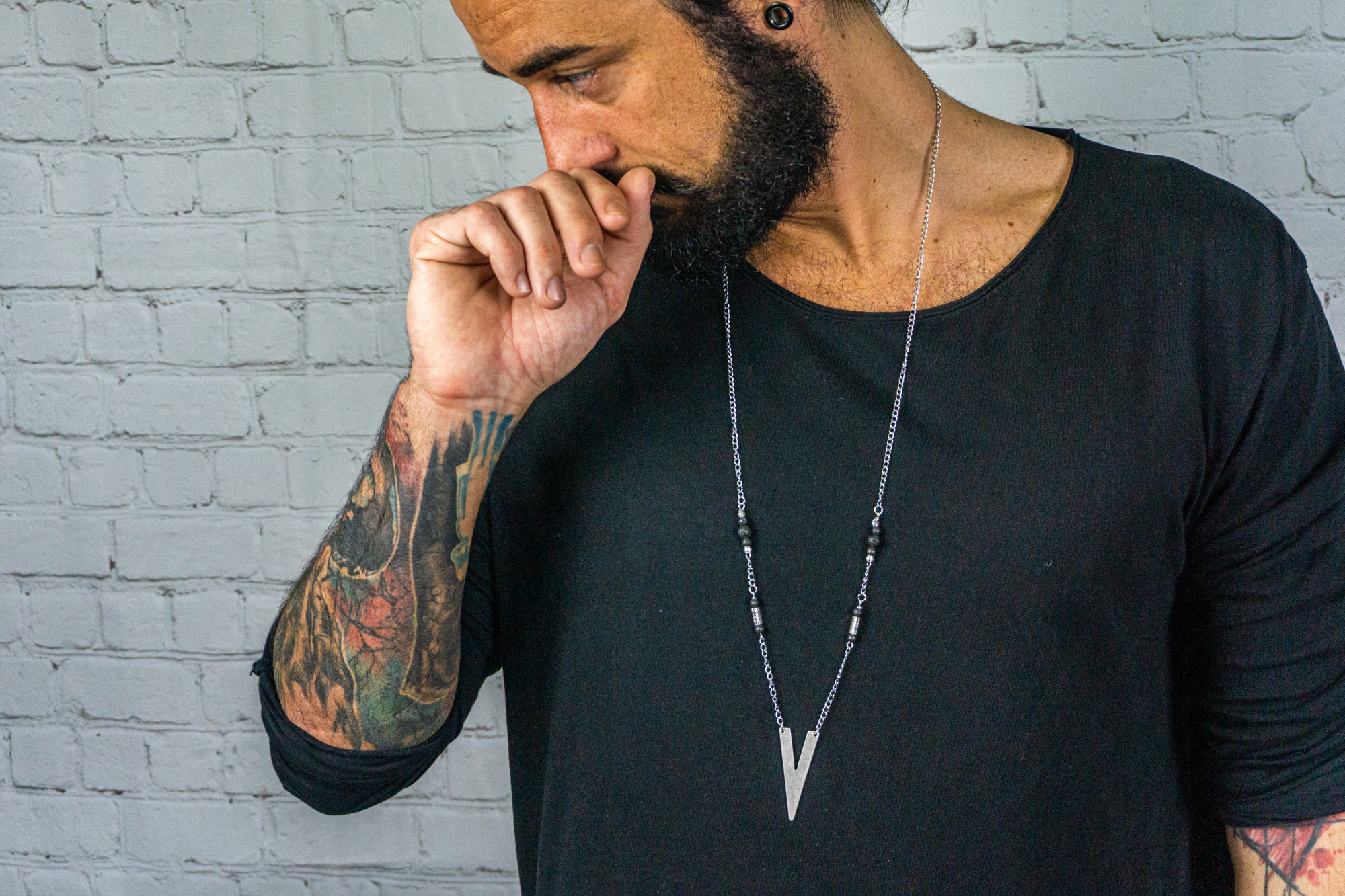 mens silver chain triangle pendant necklace- wander jewellery