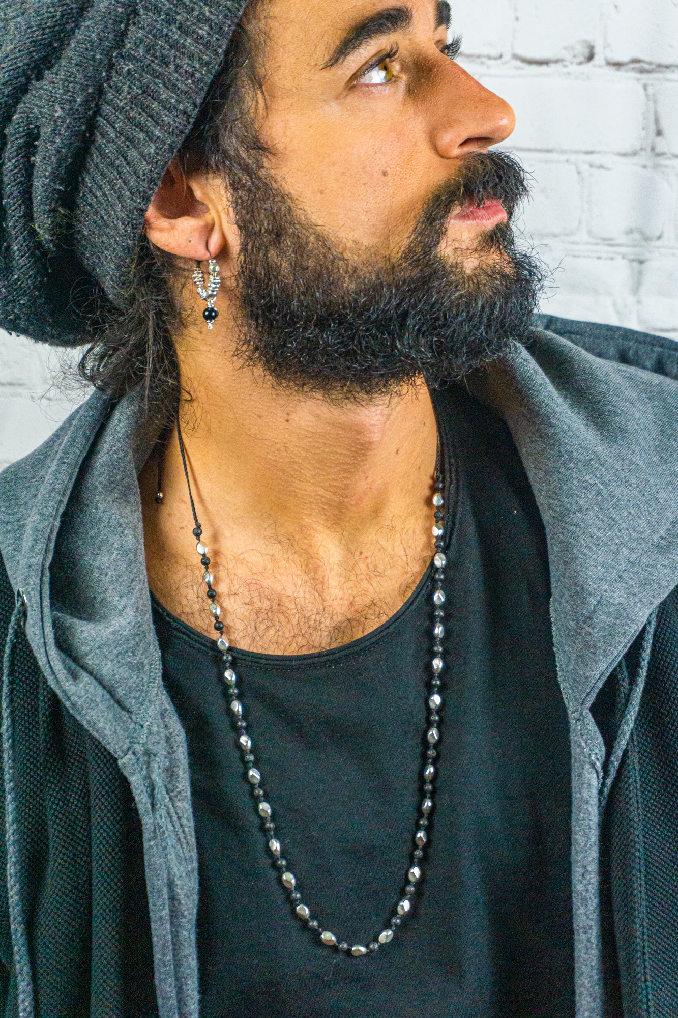mens long adjustable necklace made of silver nuggets and black lava stone beads- wander jewellery
