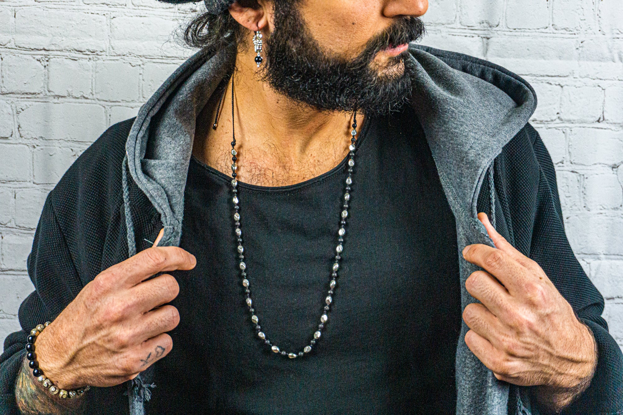 mens adjustable necklace made of silver nuggets and black lava stone beads- wander jewellery