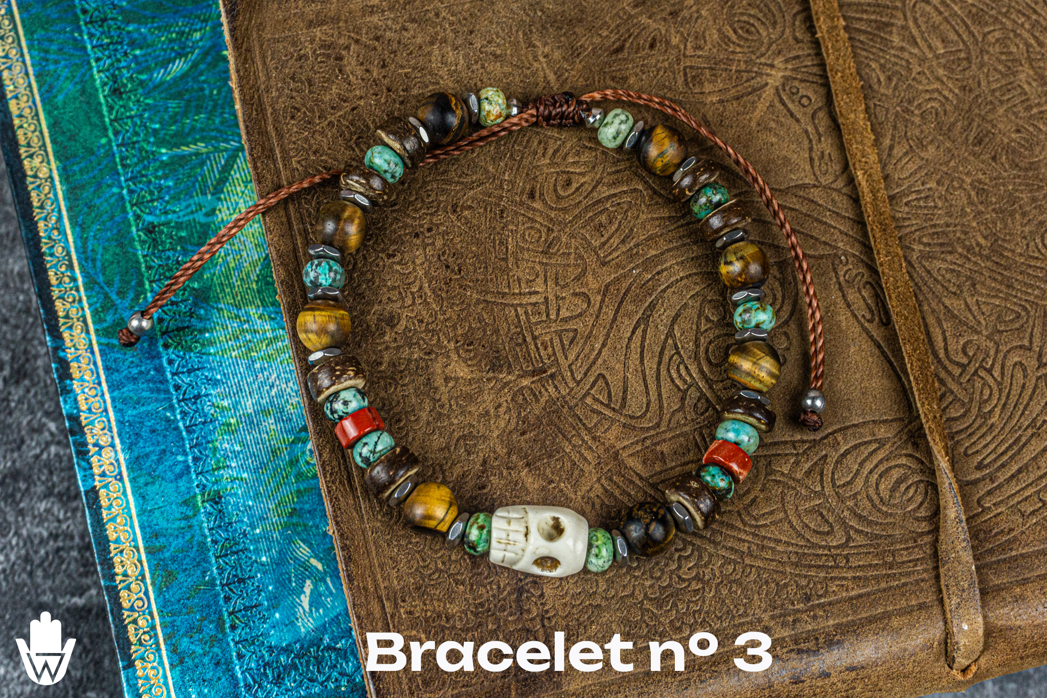 wood coconut gemstone skull beaded bracelet - wander jewellery