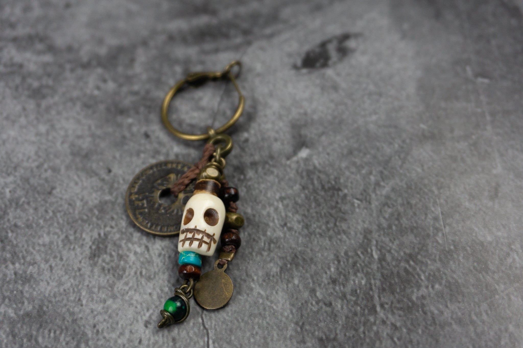 hoop pirate dangle earring with ancient coin and skull charm- jwander jewellery