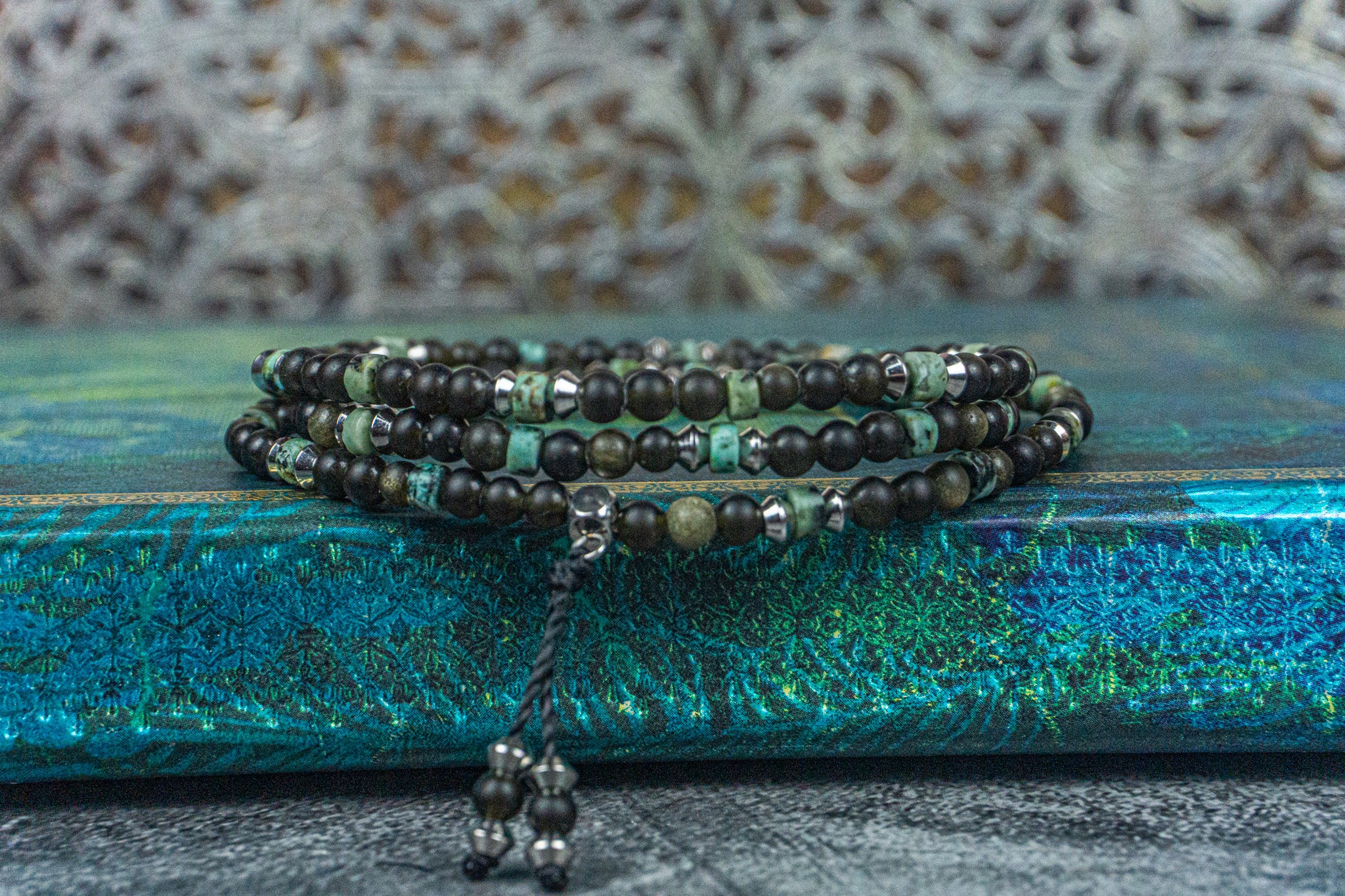 golden obsidian stratchy wrap bracelet with jasper and stainless steel small details- wander jewellery
