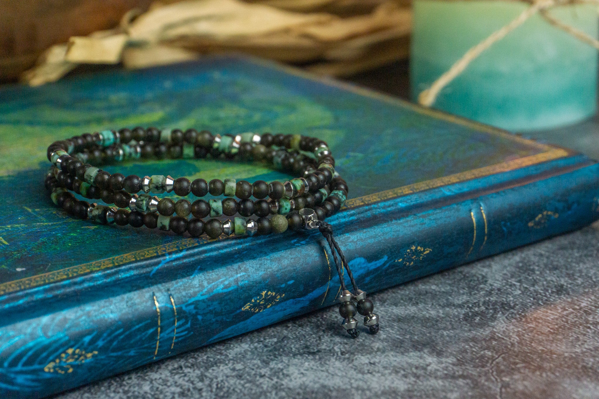 black golden obsidian stratchy wrap bracelet with jasper and stainless steel details- wander jewellery