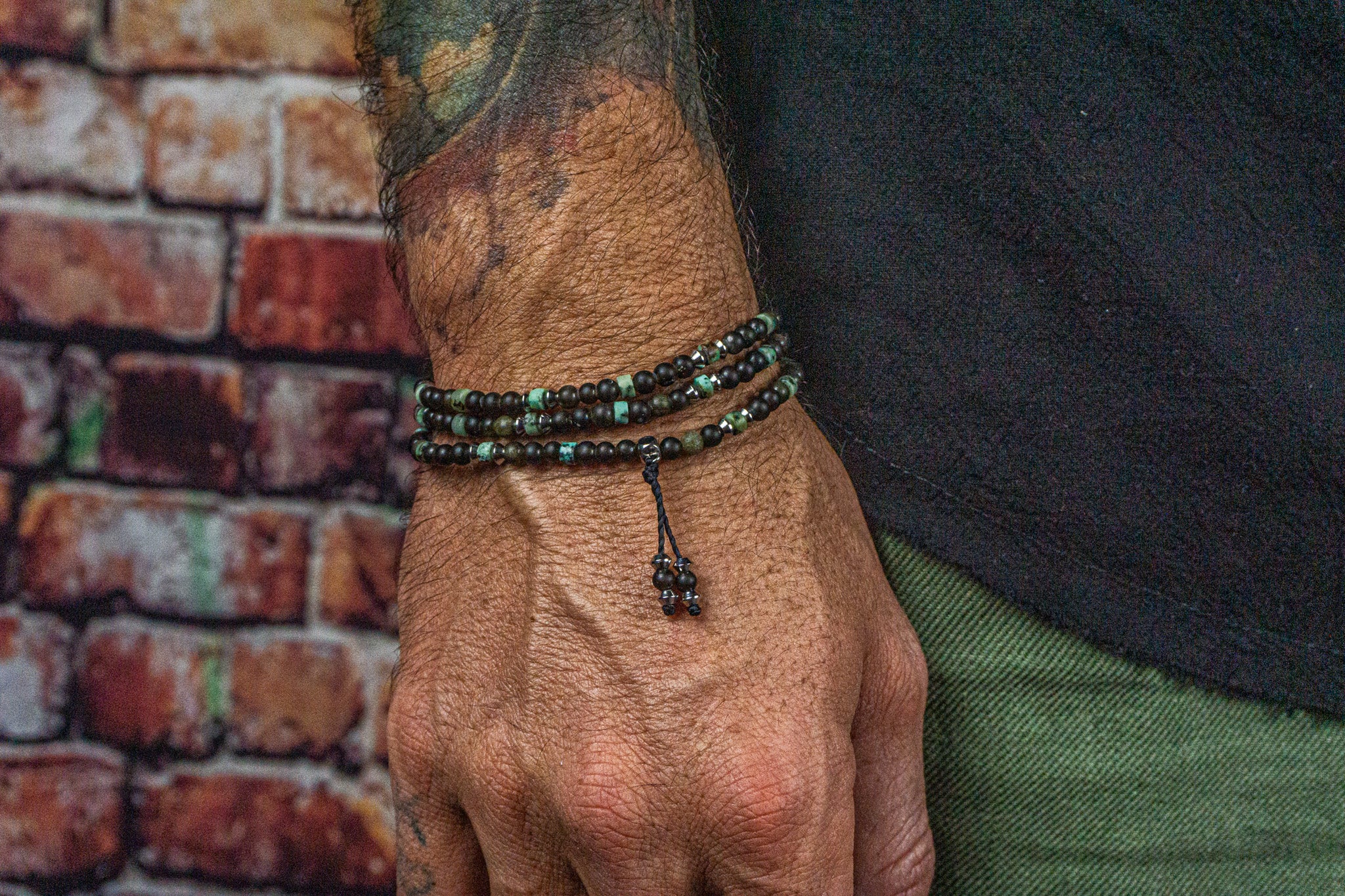 mens obsidian stratchy wrap bracelet with jasper and stainless steel small details- wander jewellery