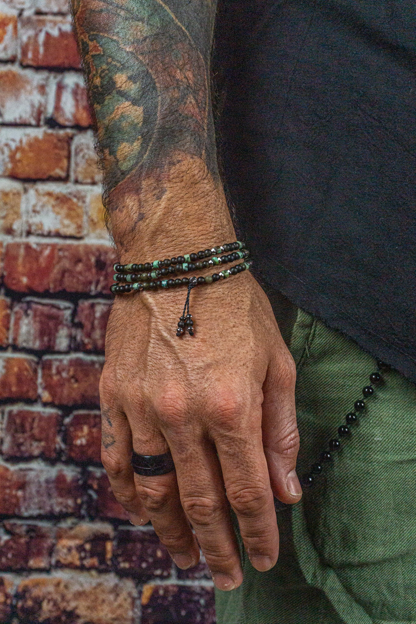 mens black golden obsidian stratchy wrap bracelet with jasper and stainless steel small details- wander jewellery