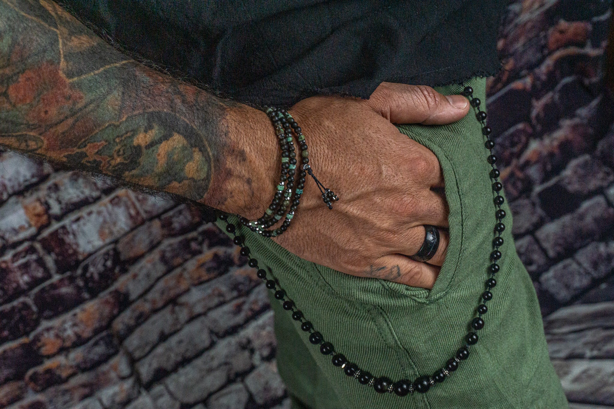 mens golden obsidian stratchy wrap bracelet with jasper and stainless steel small details- wander jewellery