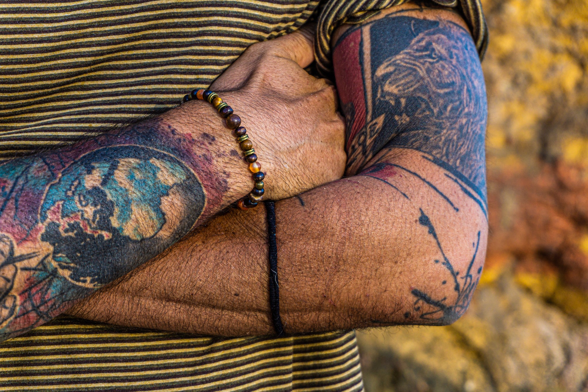 mens surfer bracelet with wood and gemstones- wander jewellery