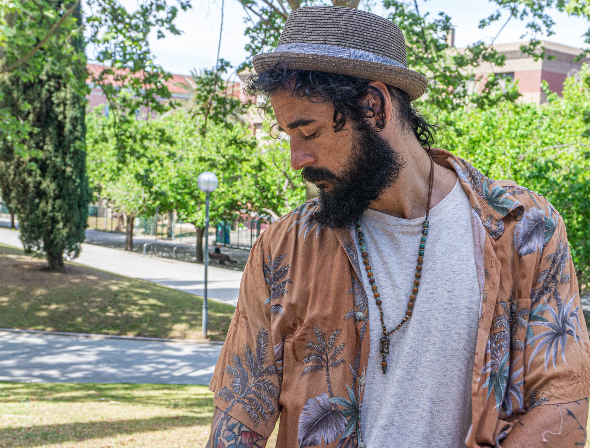 mens gemstone beaded necklace made of jade, jasper and a third eye agate pendant- wander jewellery