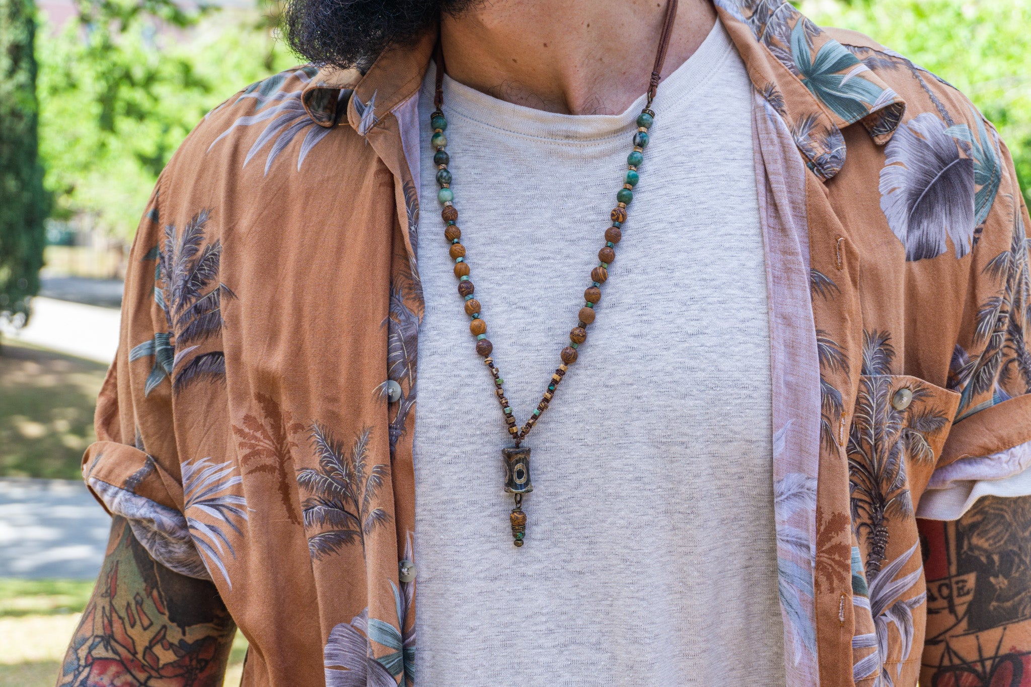 mens leather, jade, jasper gemstone beaded mala necklace with thrd eye agate pendant- wander jewelry