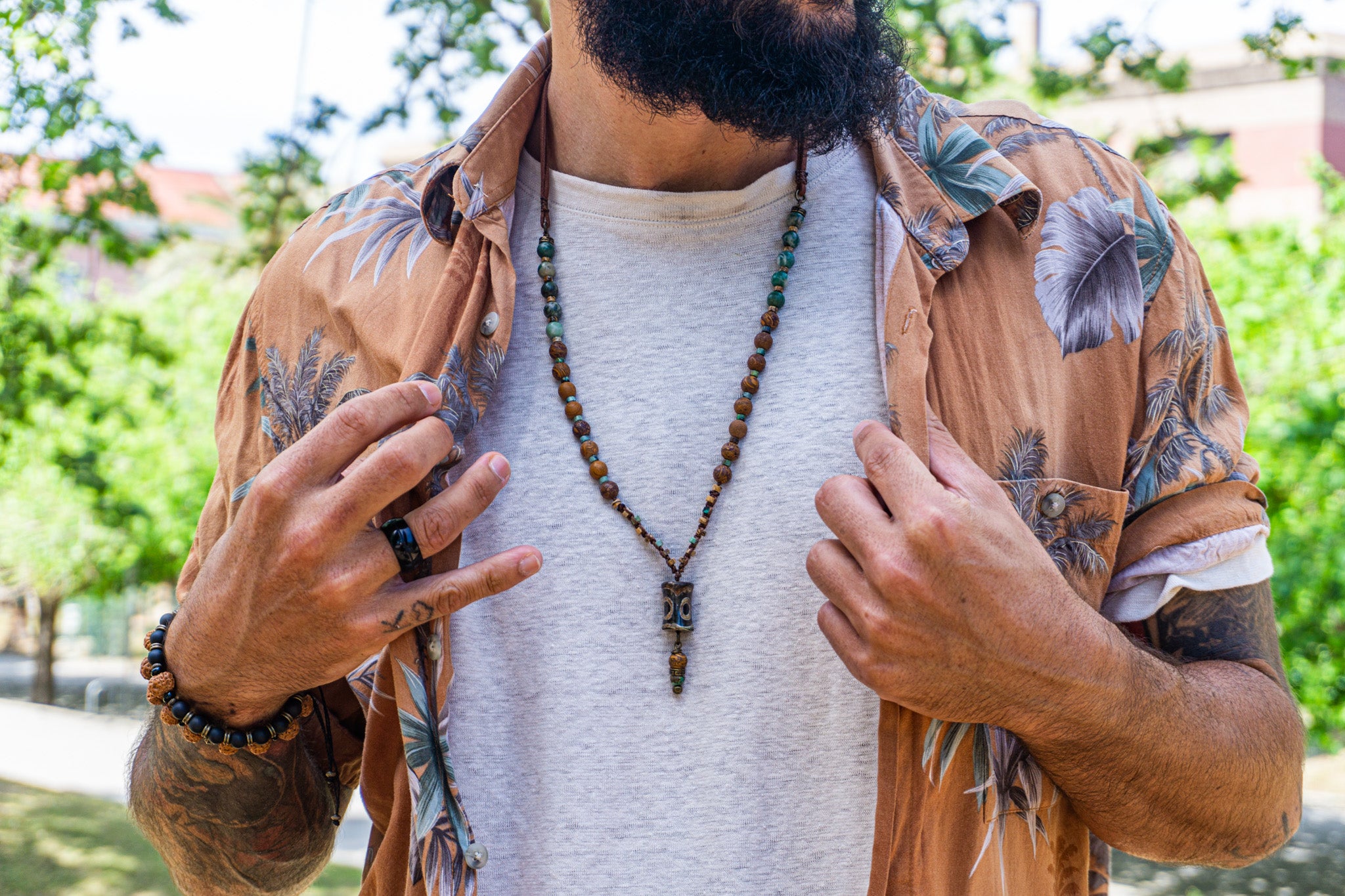 mens gemstone beaded necklace made of jade, jasper and a third eye tibetan agate pendant- wander jewellery