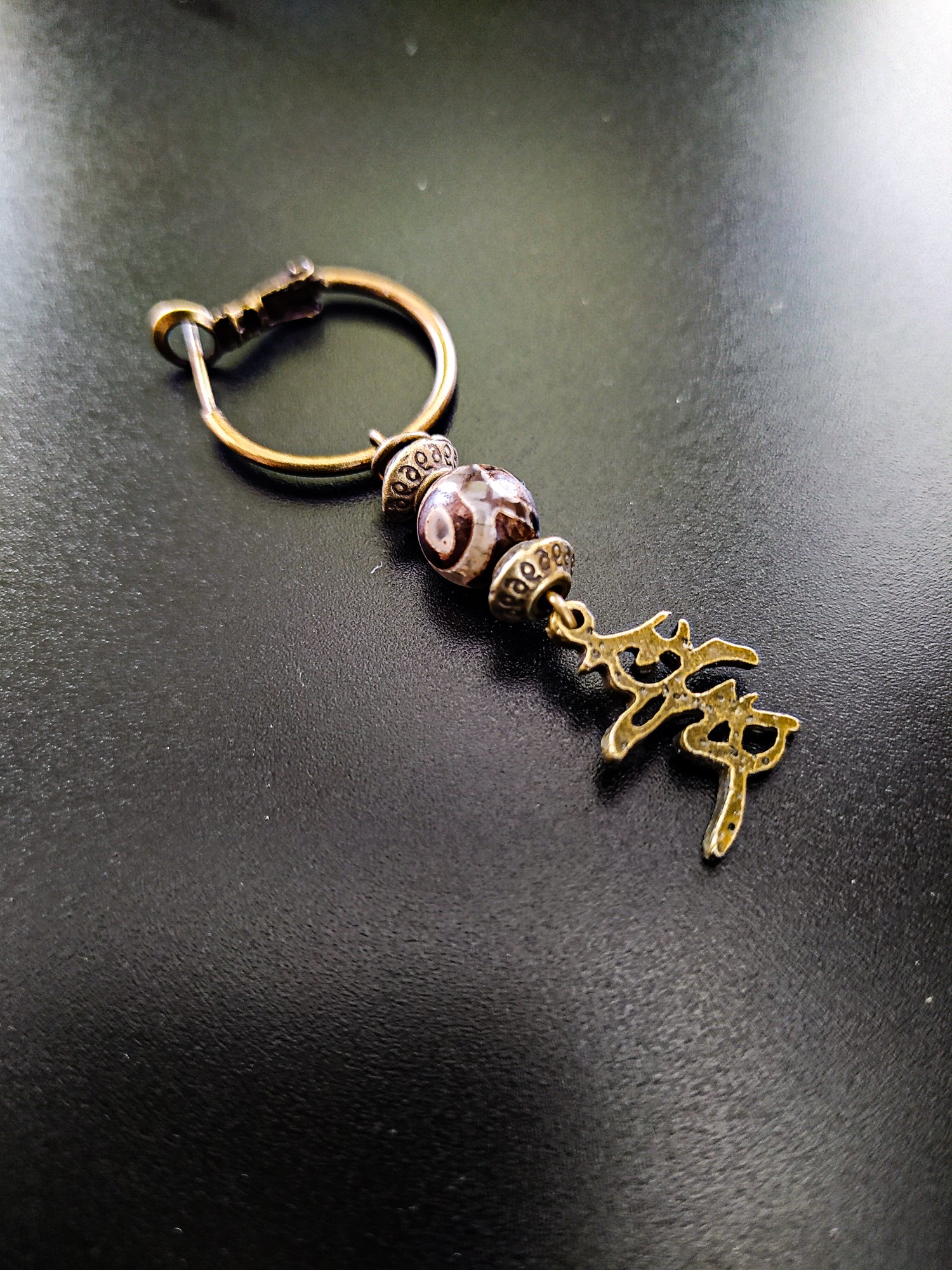 hoop earring with third eye agate gemstone and love ideogram- wander jewelry