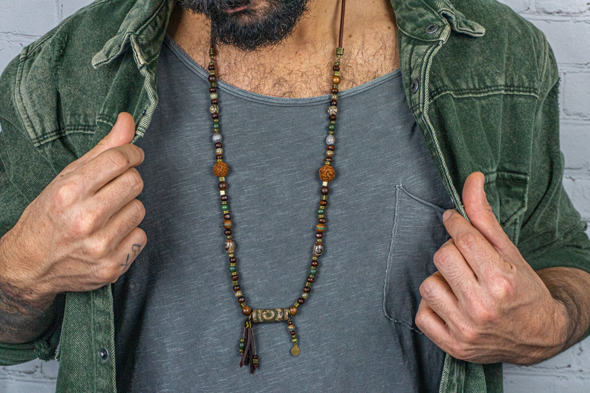 mens wood and green third eye agata gemstone bead long necklace- wander jewellery