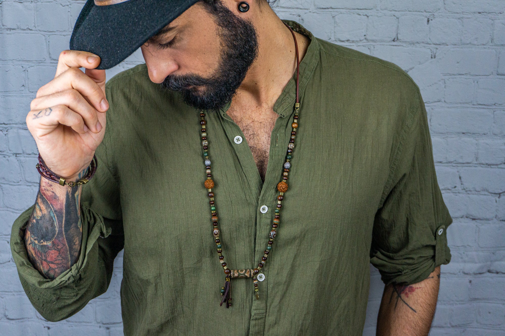 mens wood and green third eye agata gemstone bead boho  necklace- wander jewellery