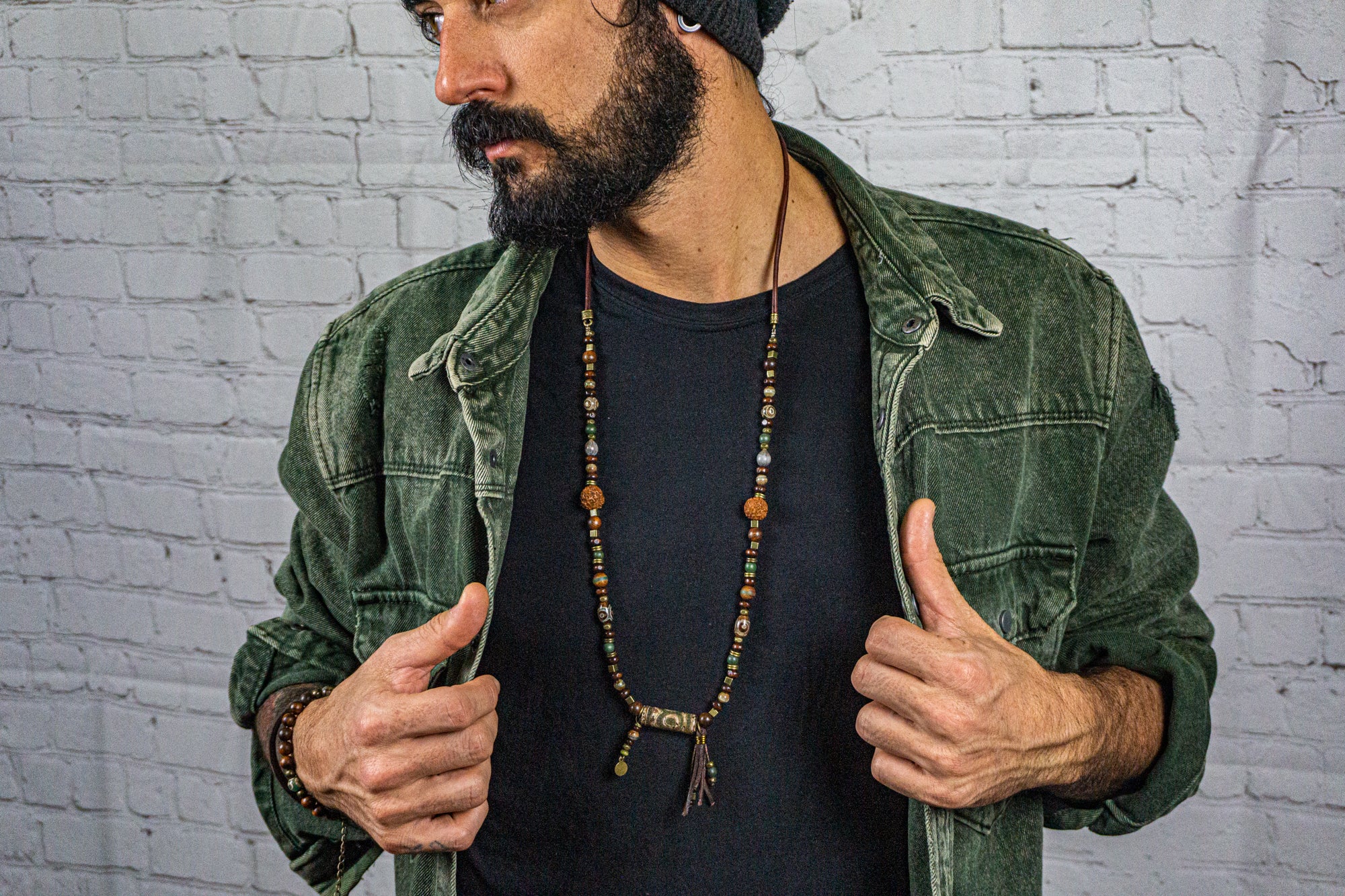 mens wood and green third eye agata gemstone necklace- wander jewellery