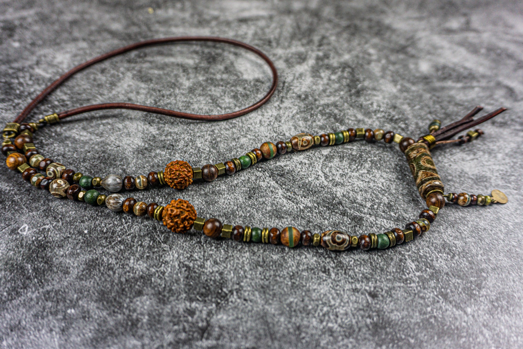 wood and green agata gemstone bead boho long necklace- wander jewellery
