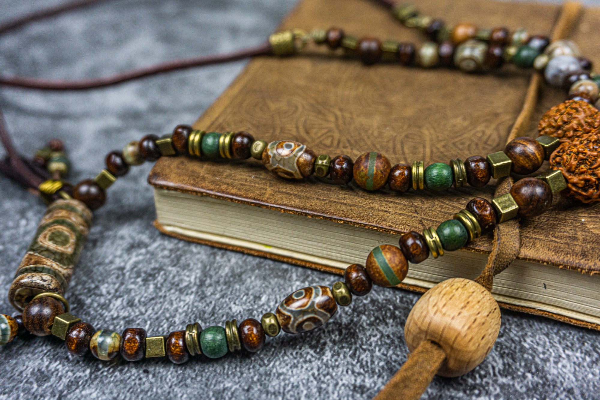 wood and green agate gemstone bead boho long necklace- wander jewellery
