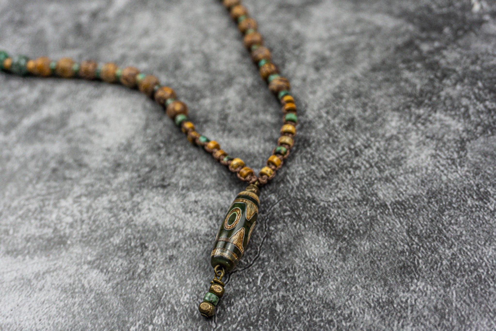 leather necklace made of jade, jasper and a third eye tibetan agate pendant- wander jewellery