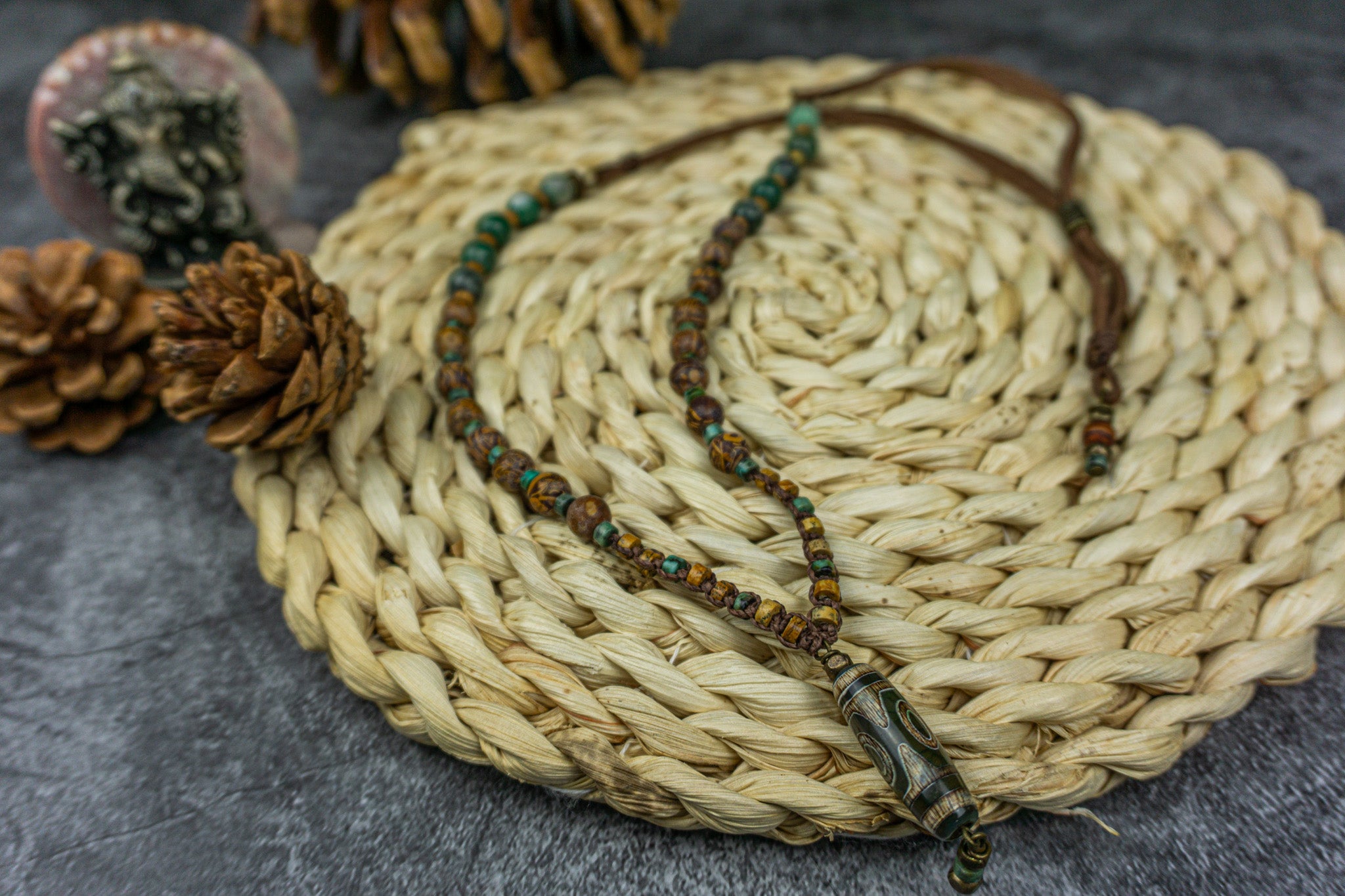 gemstone necklace made of jade, jasper and a third eye tibetan agate pendant- wander jewellery